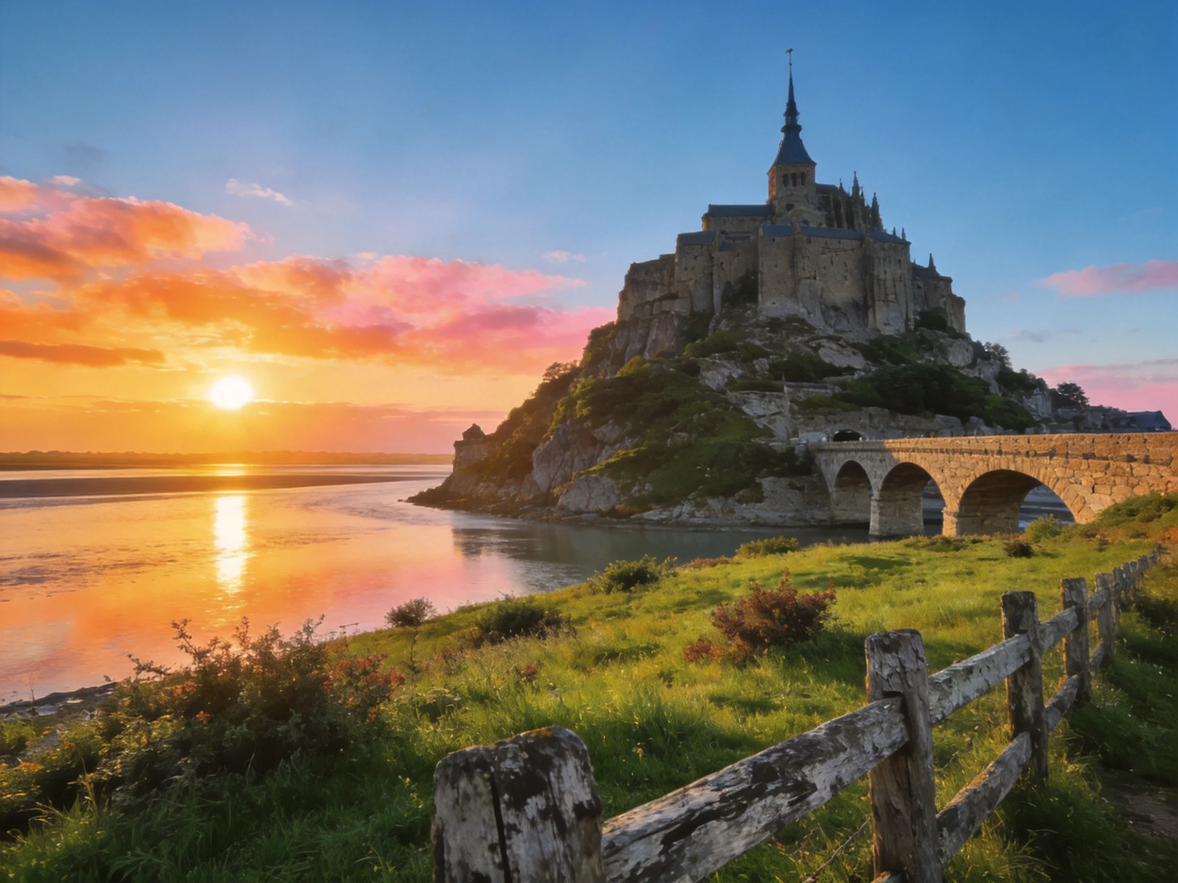 Mont Saint-Michel Abbey on rocky island at sunset
