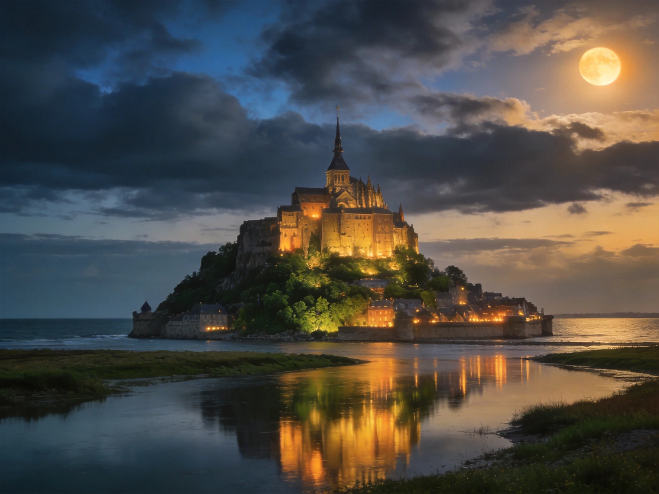 Mont Saint-Michel Castle Illuminated at Dusk with Moonlight Reflections
