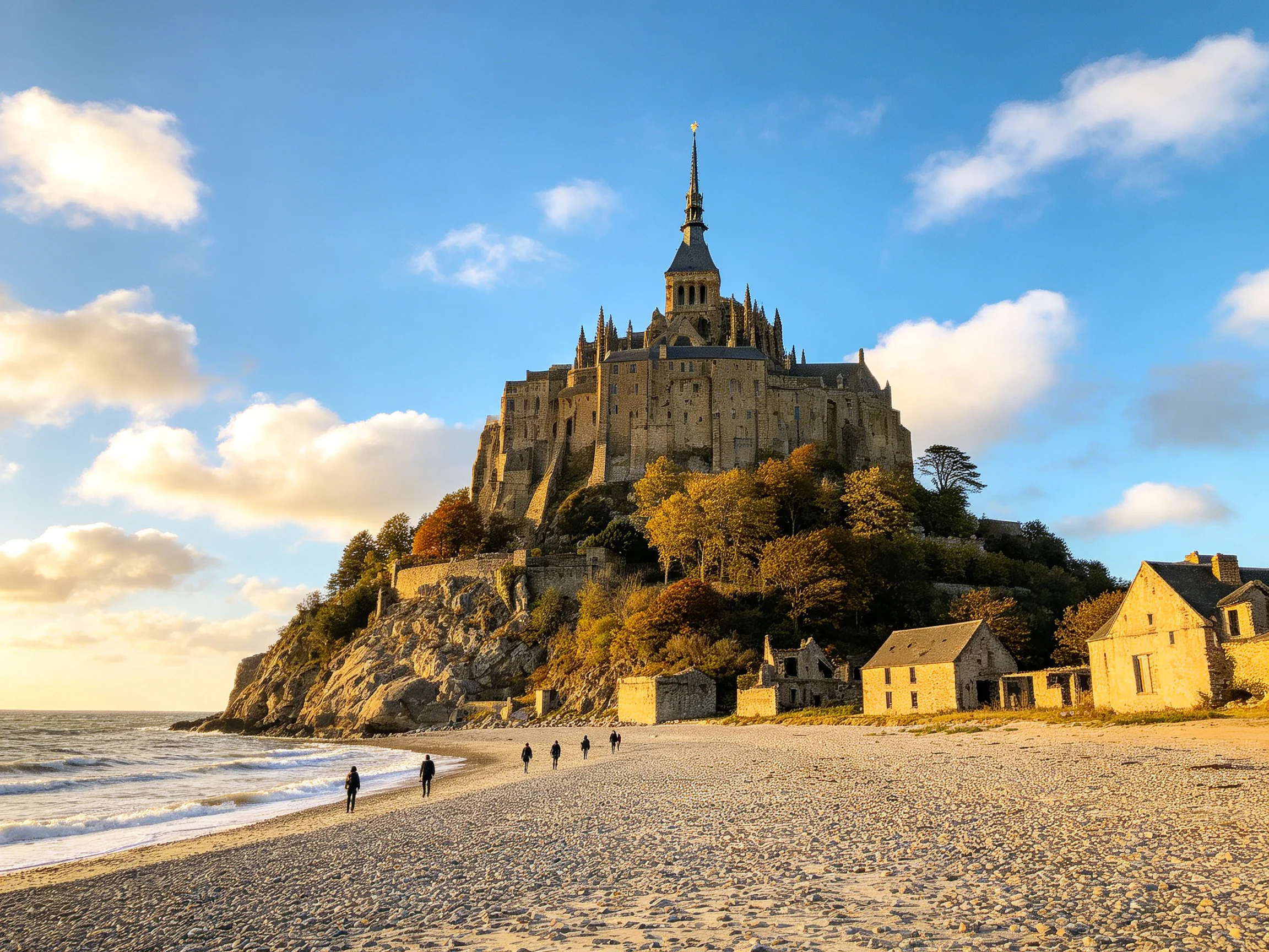 Mont Saint-Michel abbey atop rocky island near sandy shore