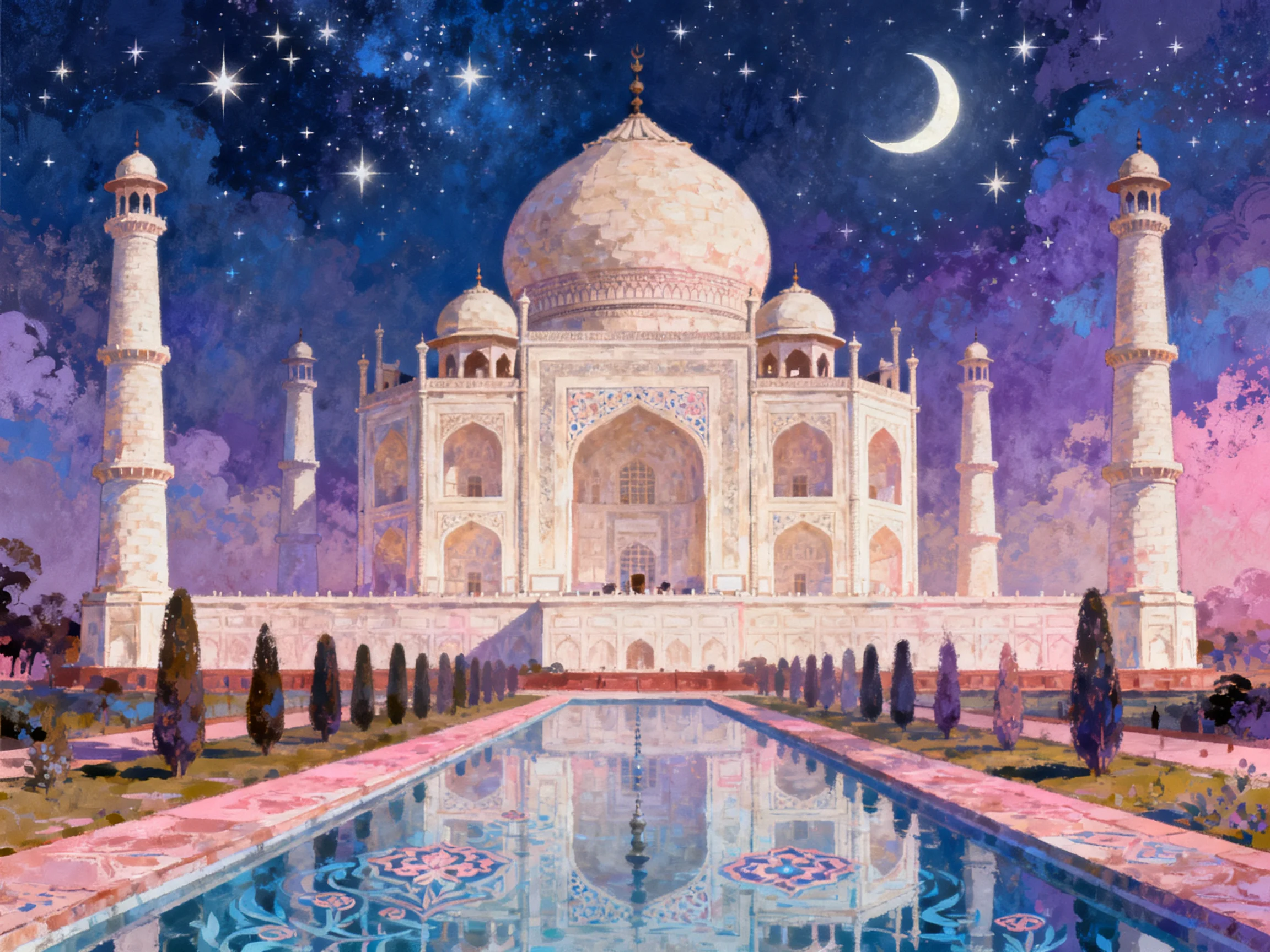Moonlit Taj Mahal with Star Reflections and Long Pool