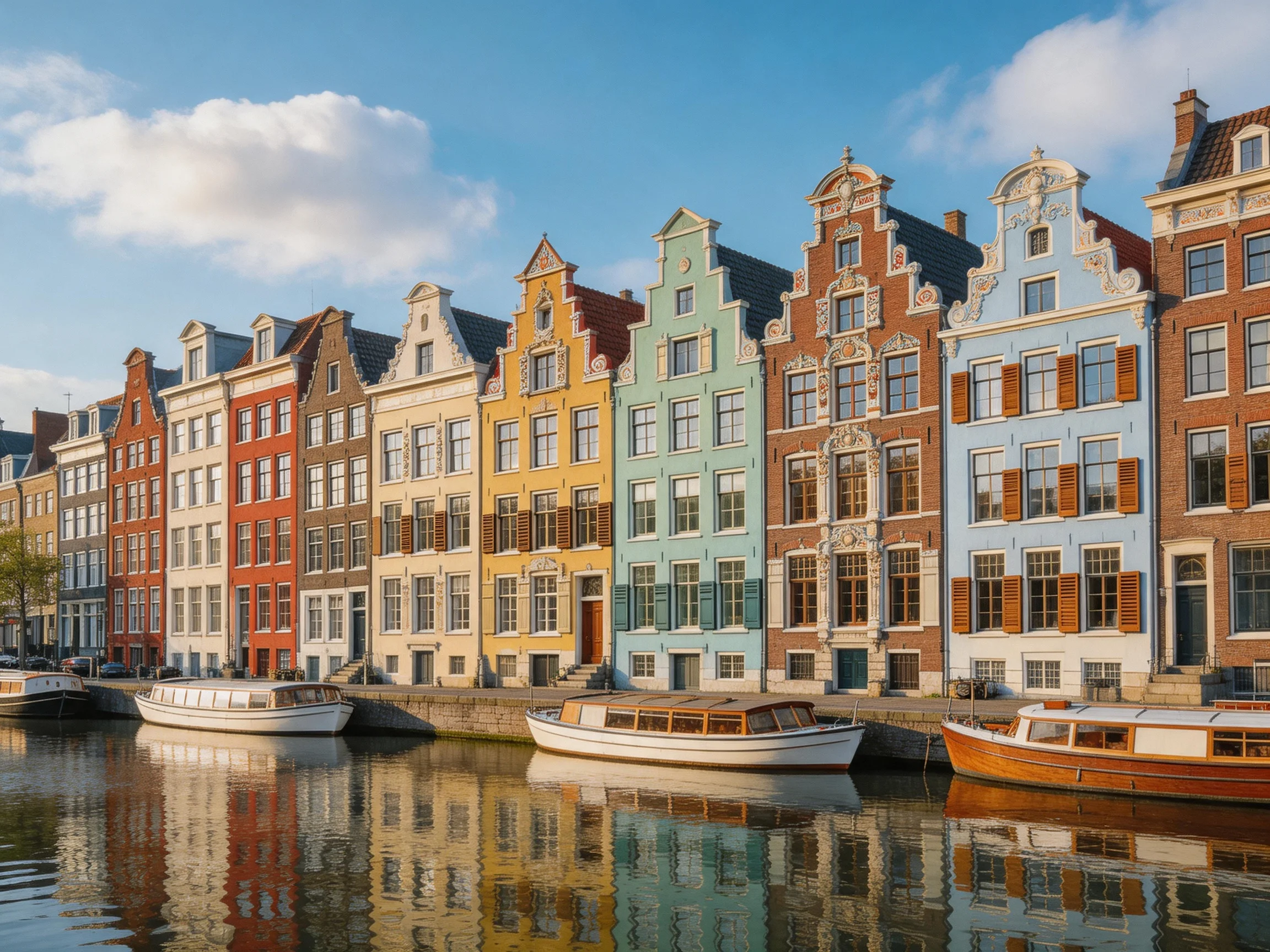 Moored boats rest beside colorful historic Dutch-style buildings lining a calm canal