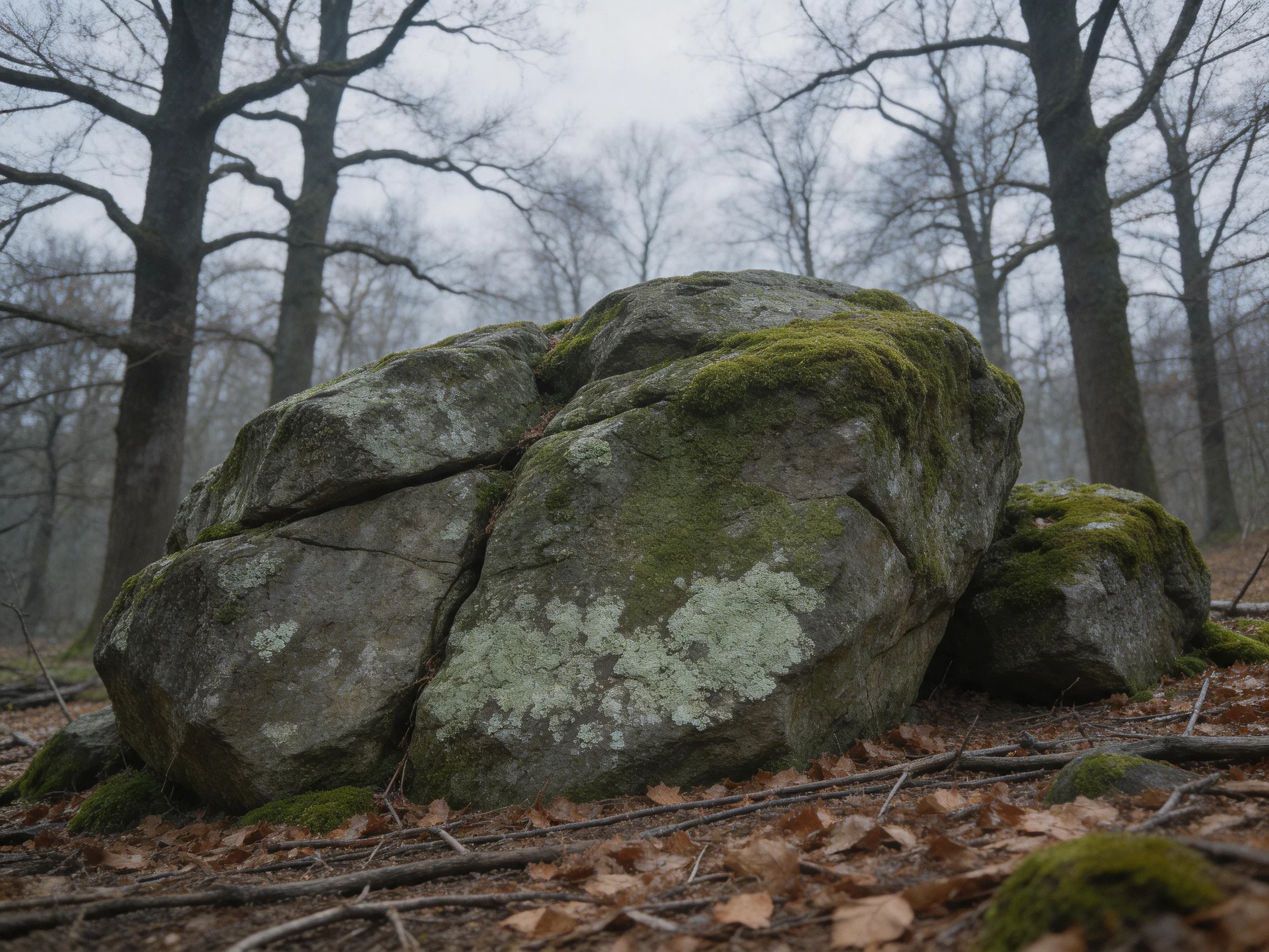 Moss-Covered Boulders Among Autumn Leaves and Leafless Trees