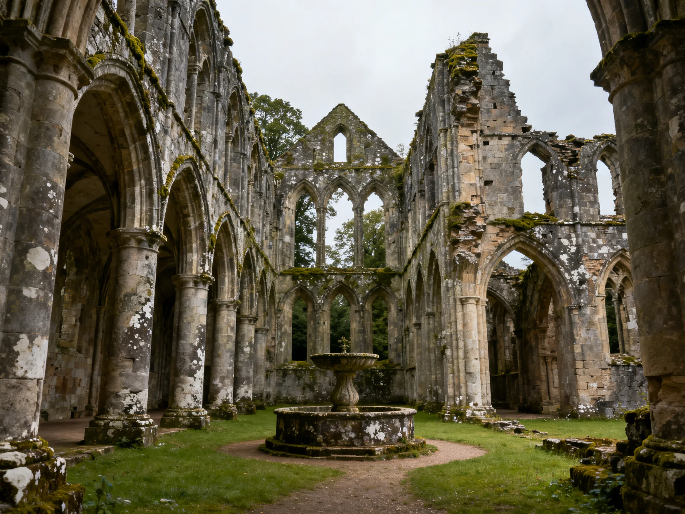 Moss-Covered Medieval Ruin Chambers with Central Fountain