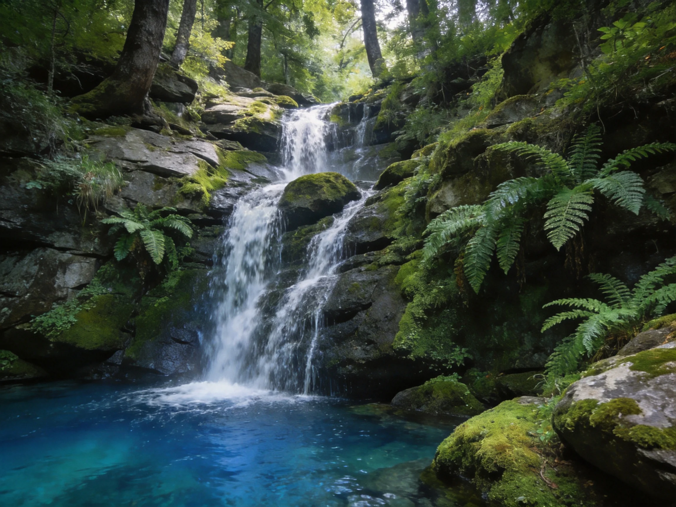 Moss-Covered Rocks Surround a Clear Blue Waterfall in Lush Forest