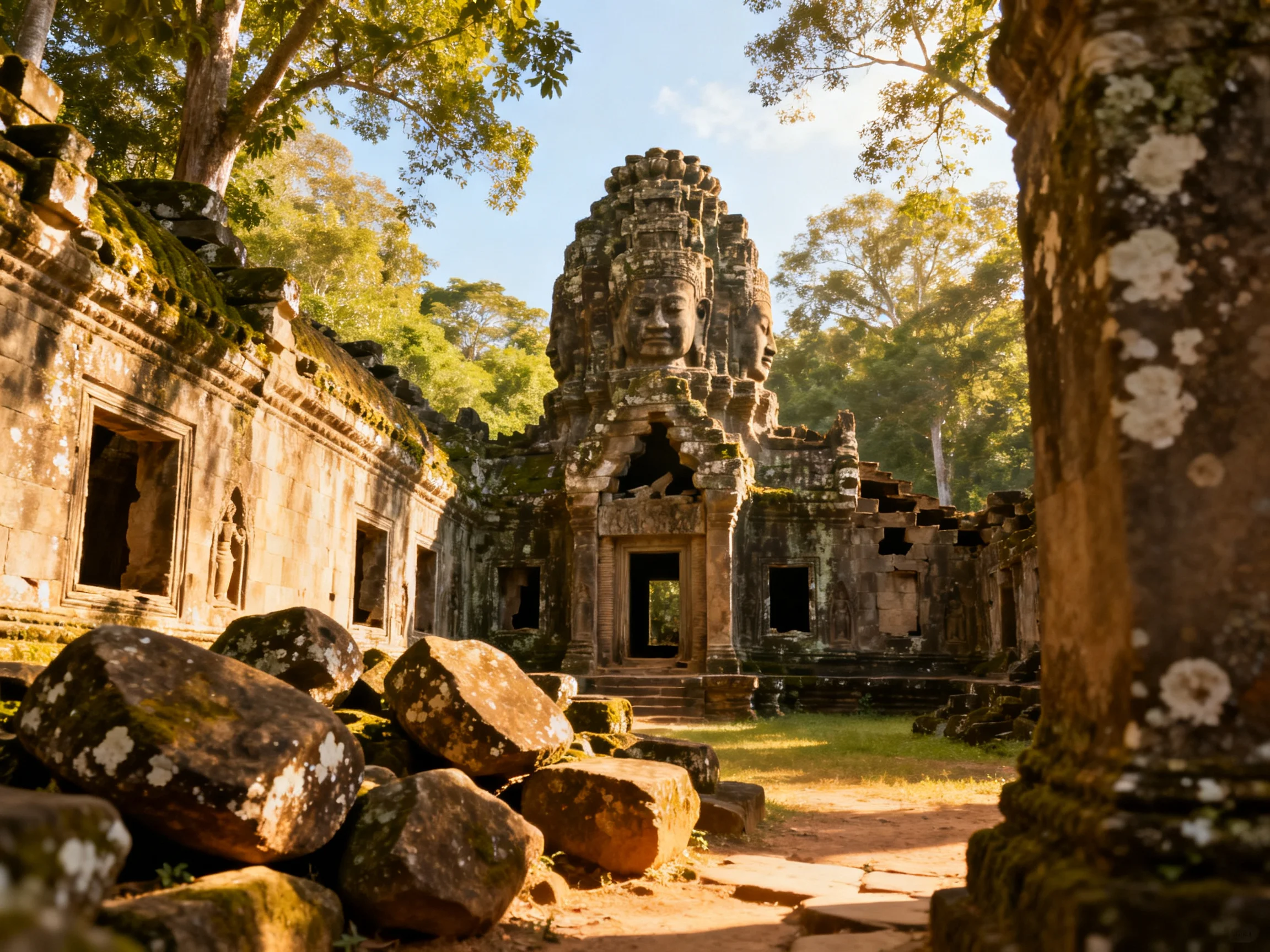 Moss-covered ancient temple ruins with a central stone tower