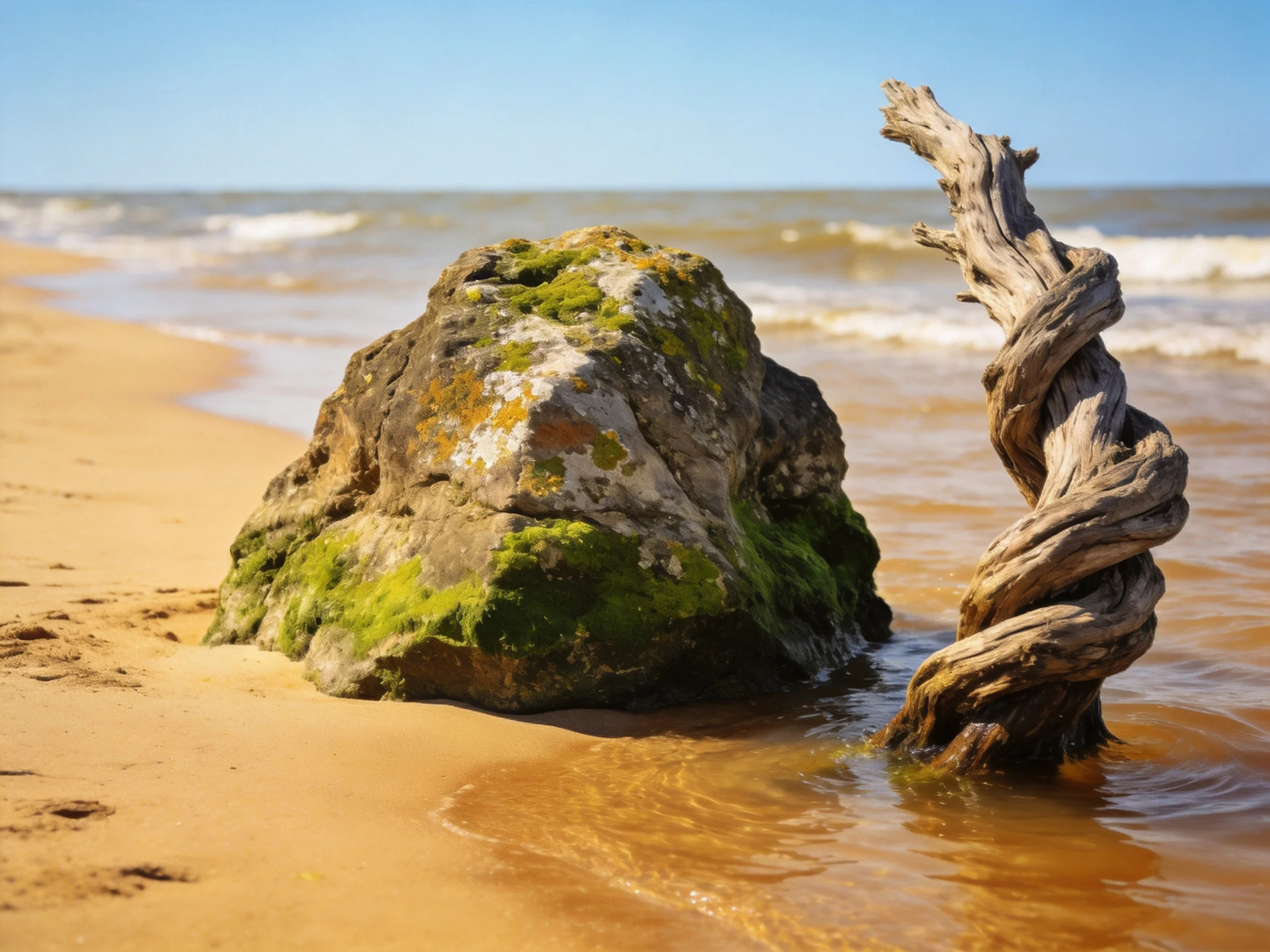 Moss-covered rock and twisted driftwood on a sandy beach by the ocean
