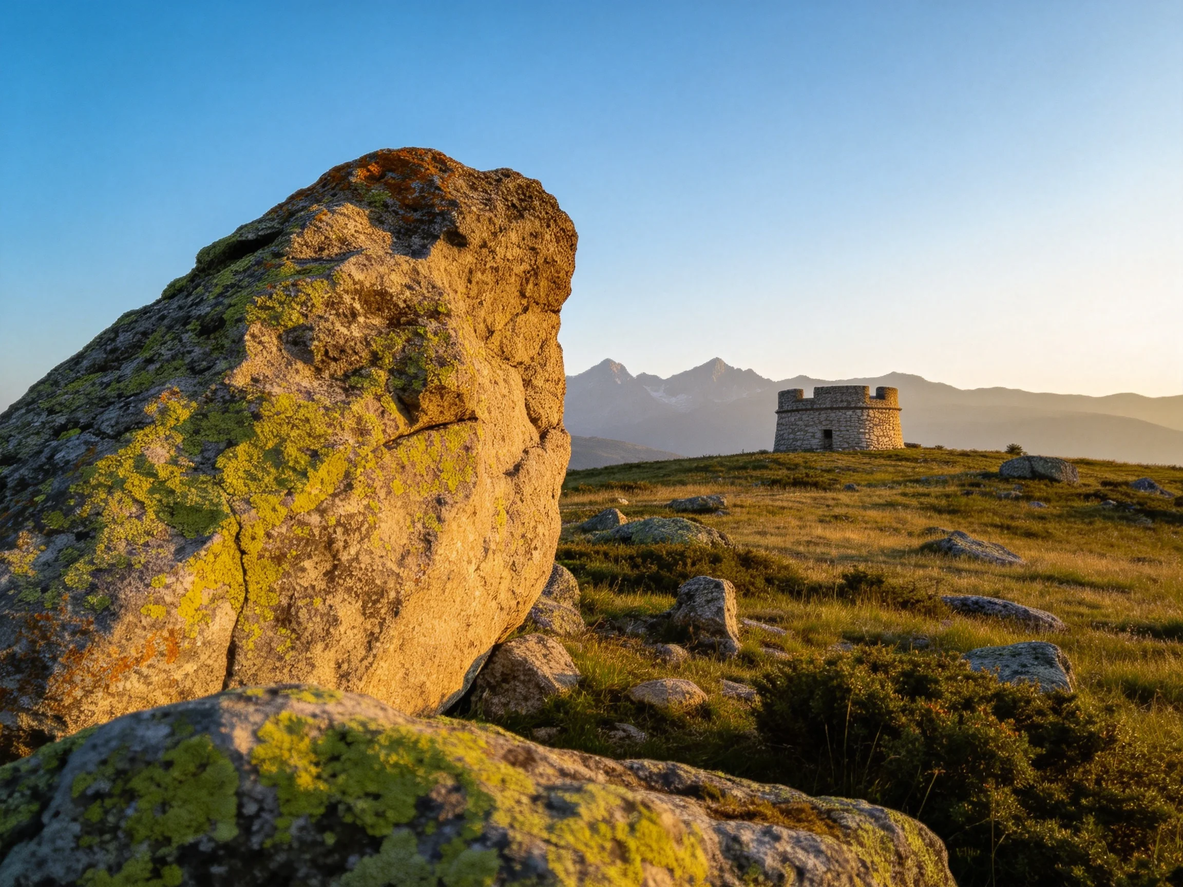 Moss-covered rocks and an ancient stone tower with distant mountains
