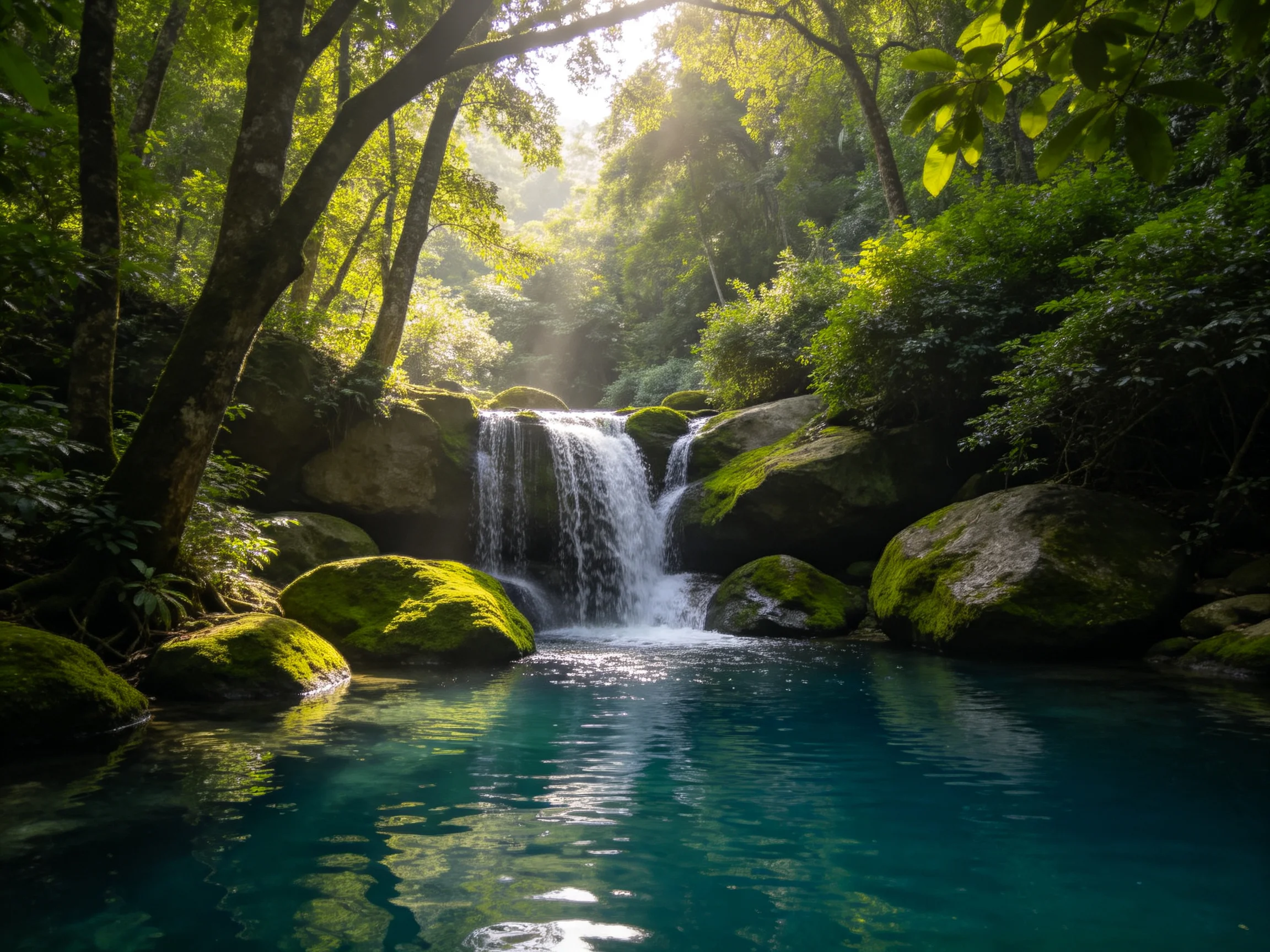 Moss-covered rocks frame a small waterfall amid lush green forest