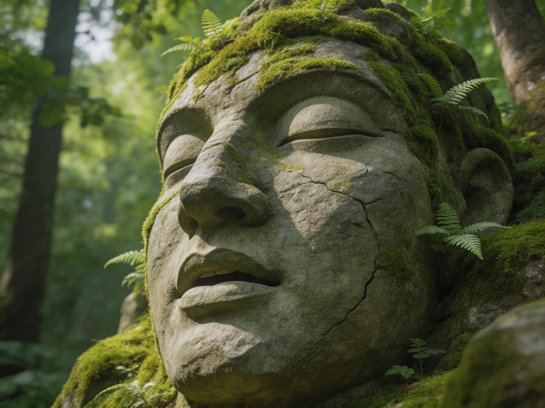 Moss-covered stone statue nestled among lush greenery