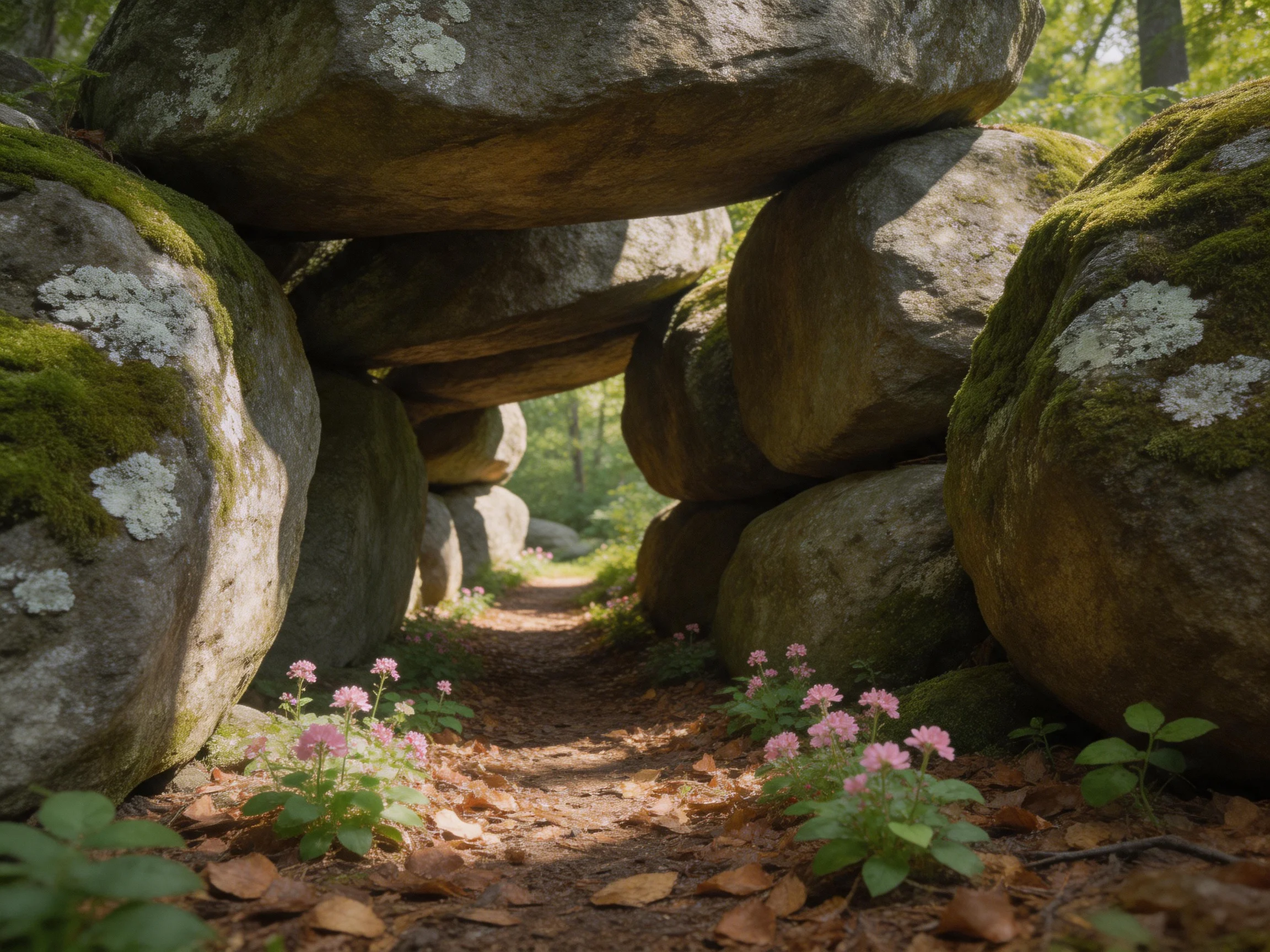 Moss-draped ancient boulders form a stone tunnel with pink blooms