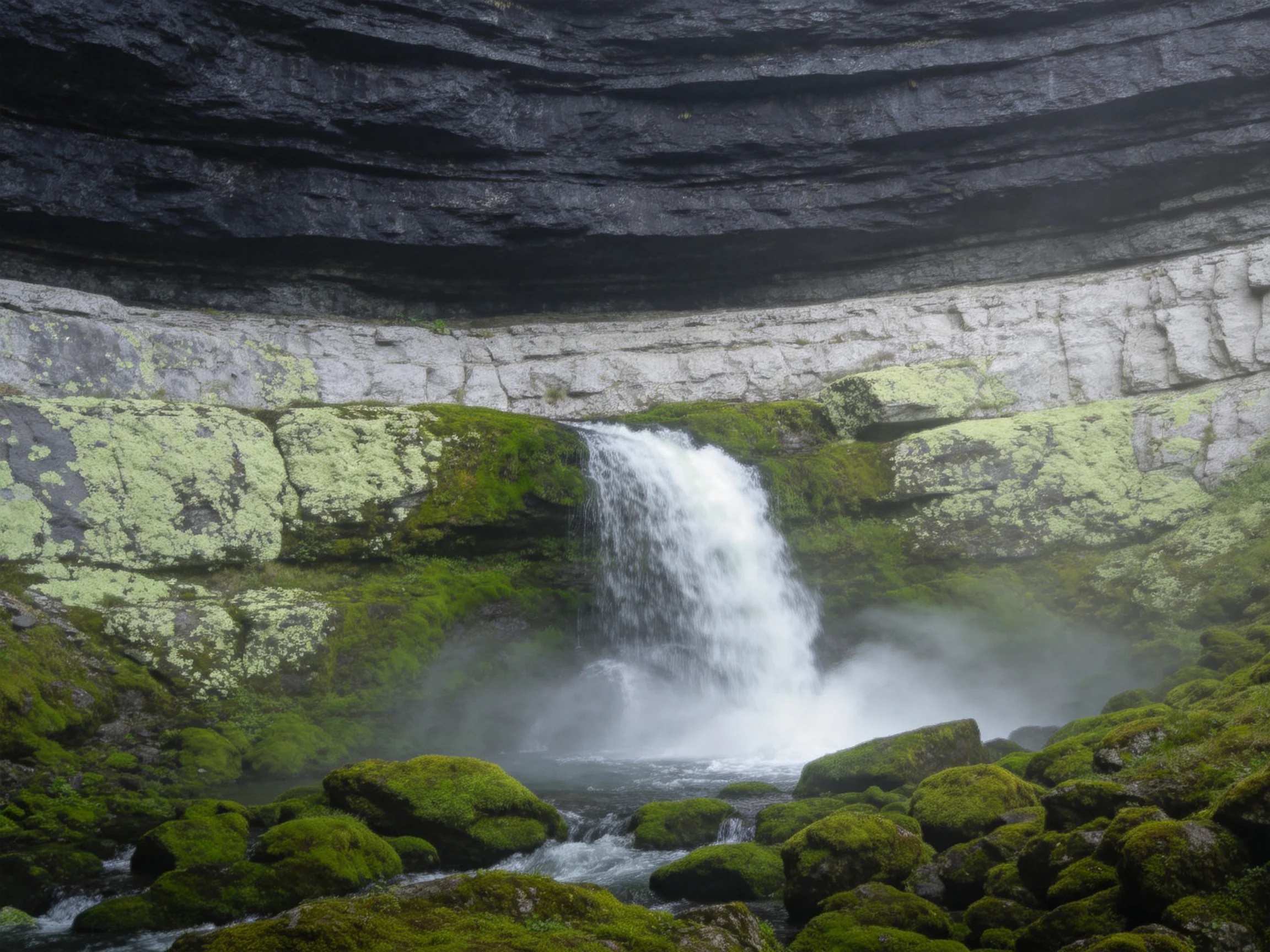 Moss-draped waterfall flows over layered cliffside rocks into a misty pool