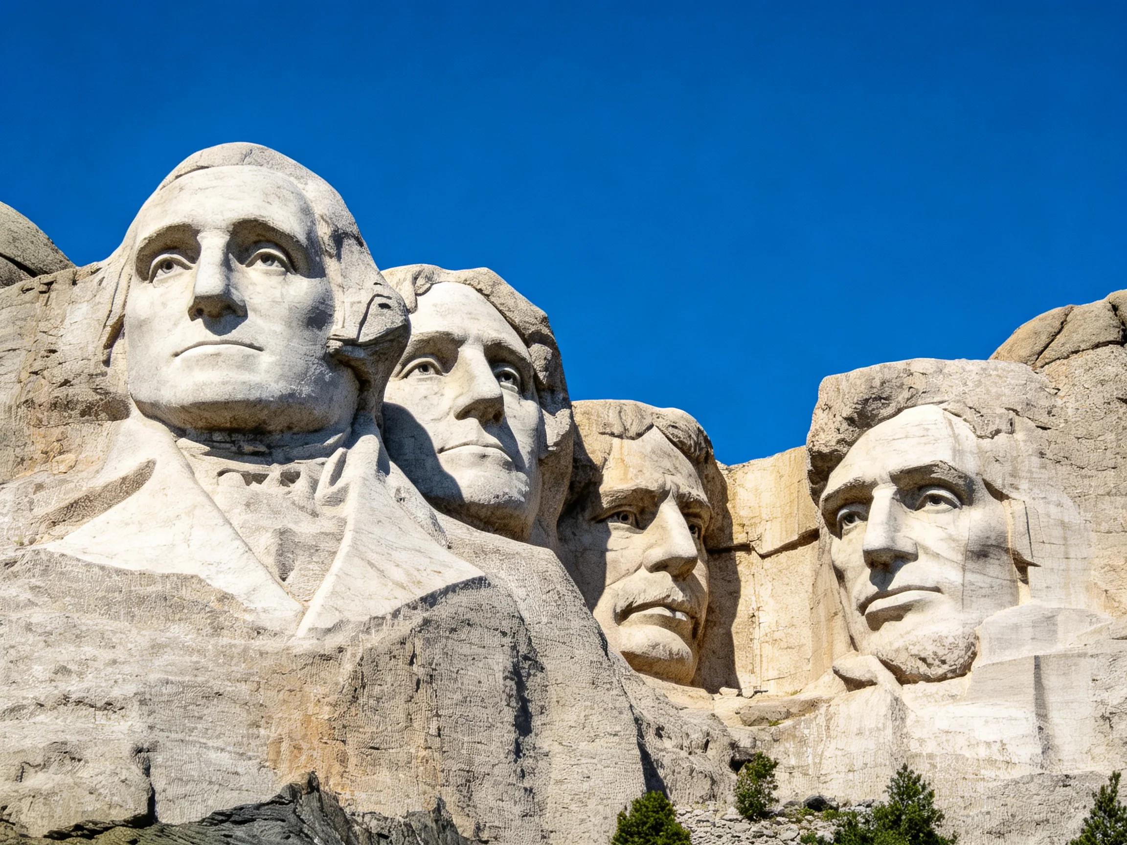 Mount Rushmore sculptures carved into rocky cliffside under clear blue sky