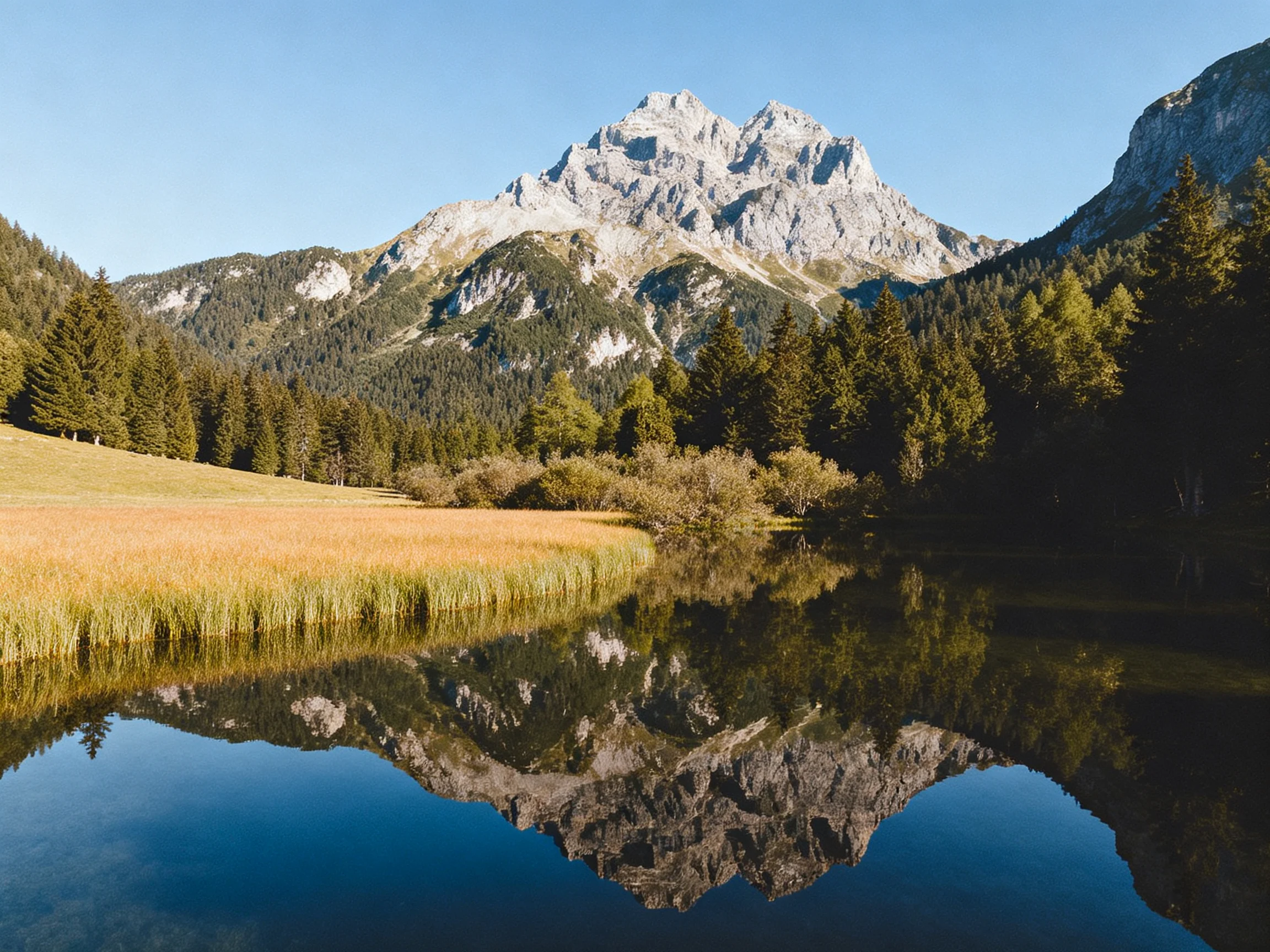 Mountain Peaks Reflecting in a Calm Lake with Forests