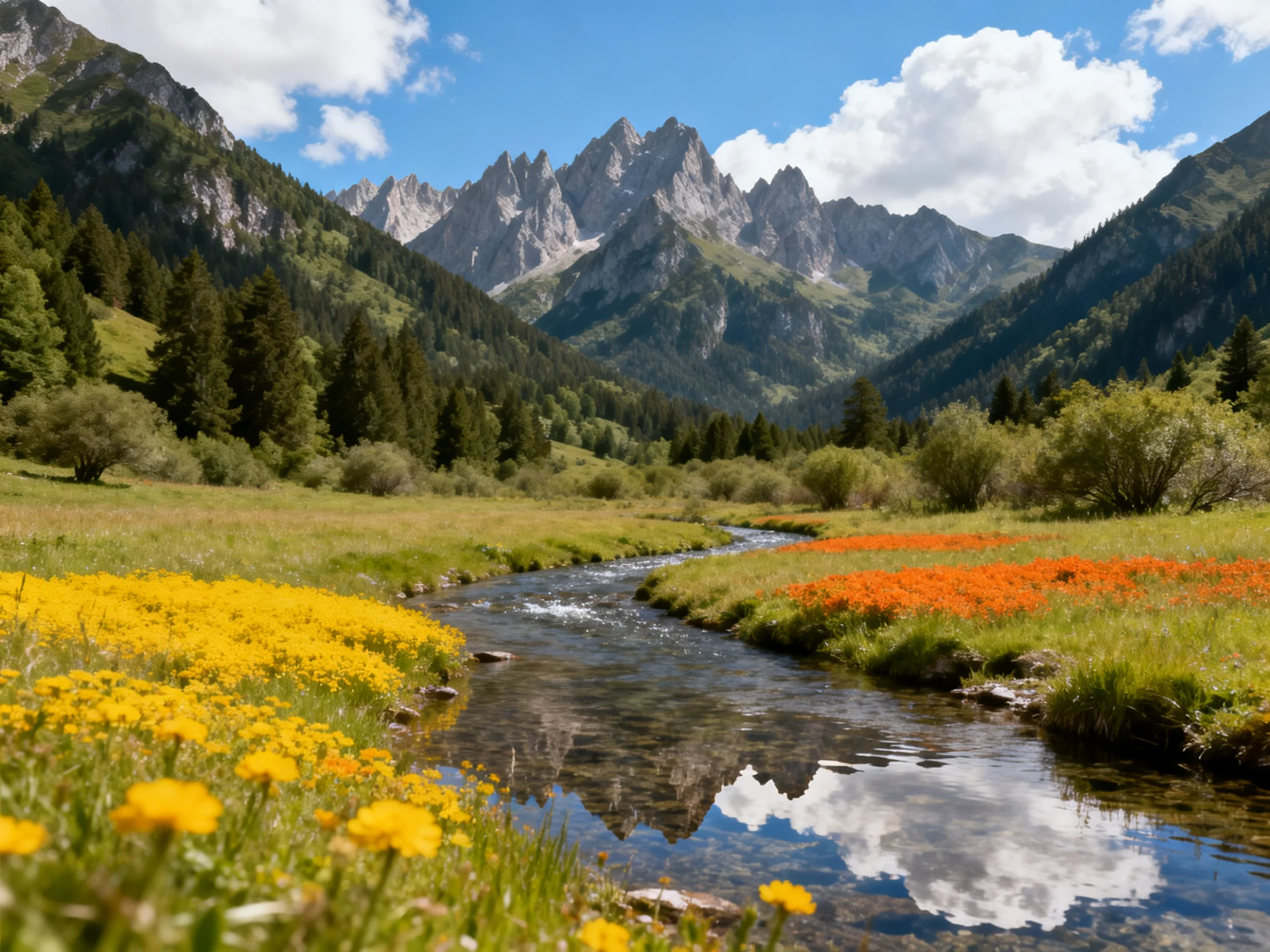 Mountain valley with Winding Stream and Colorful Wildflowers