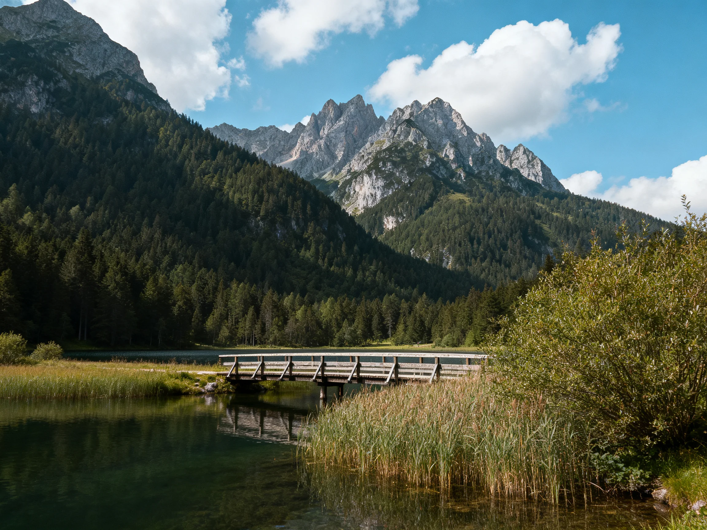Mountainous forest landscape with calm lake and wooden bridge