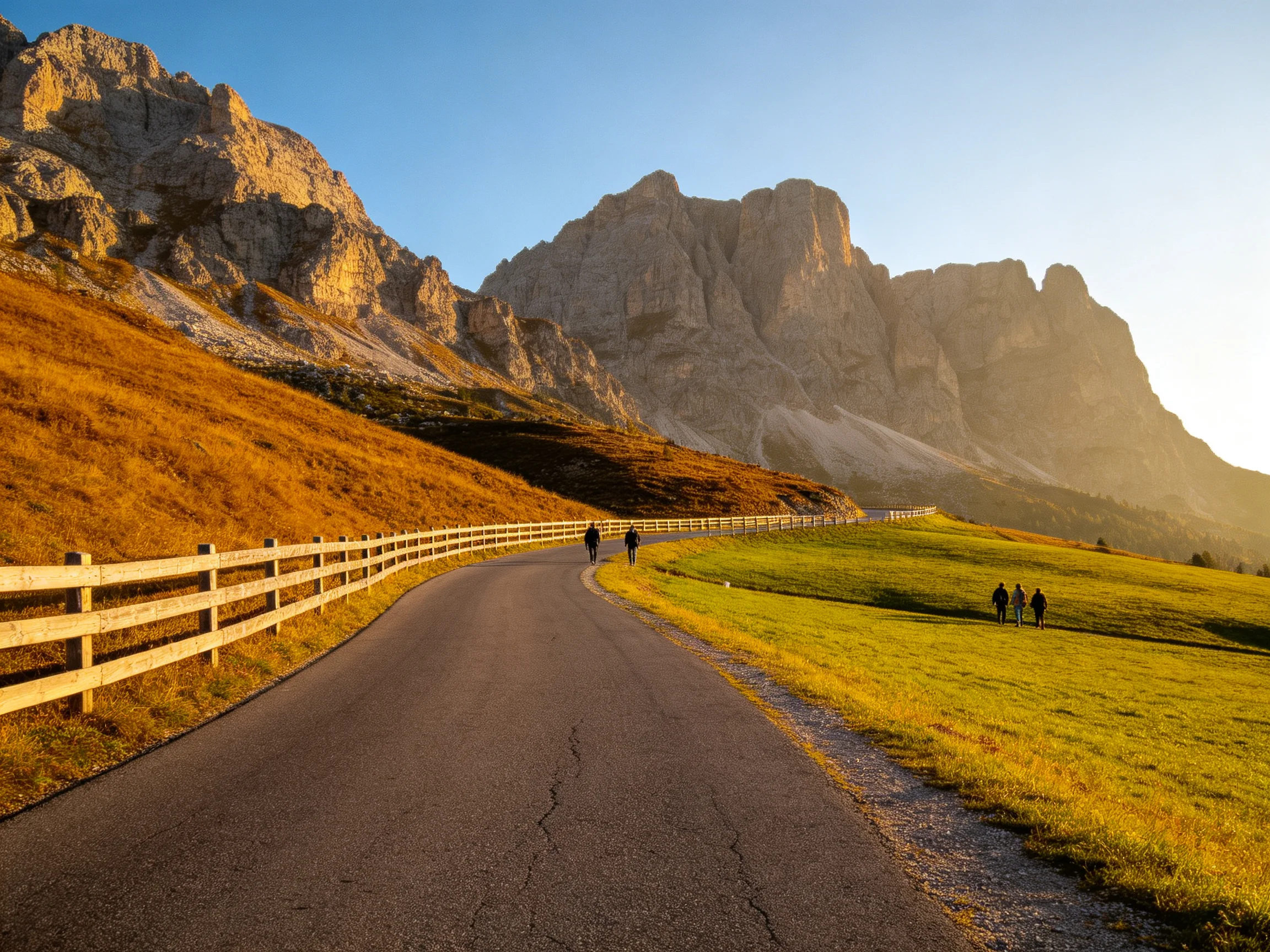 Mountainous landscape with winding road, golden meadows, and wooden fence