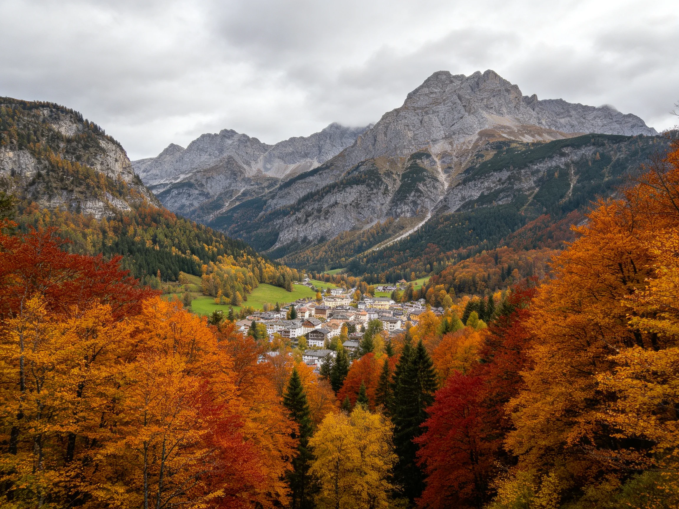 Mountainous valley with colorful fall trees and a small town