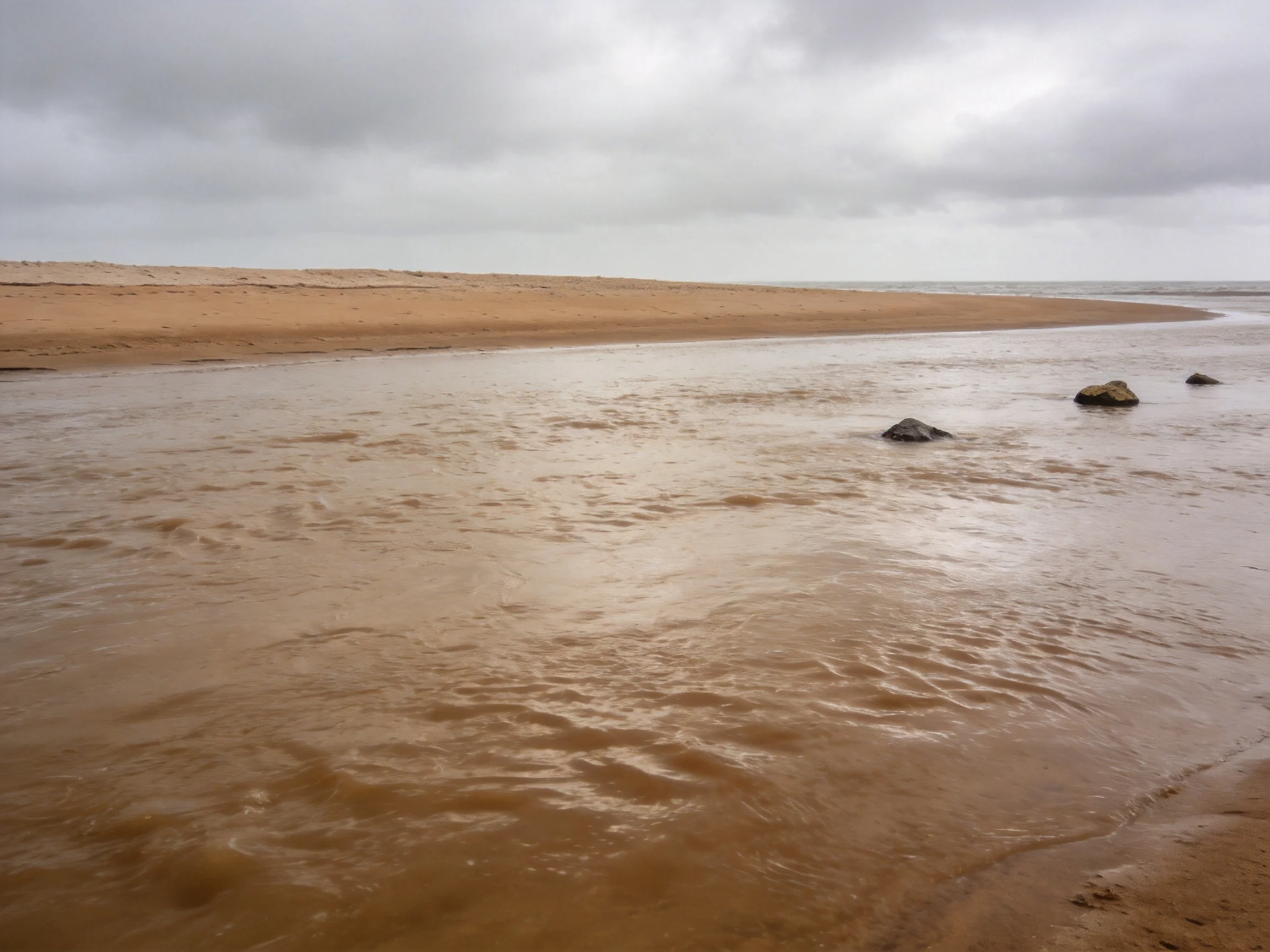 Muddy waters flow onto a sandy shore under overcast skies