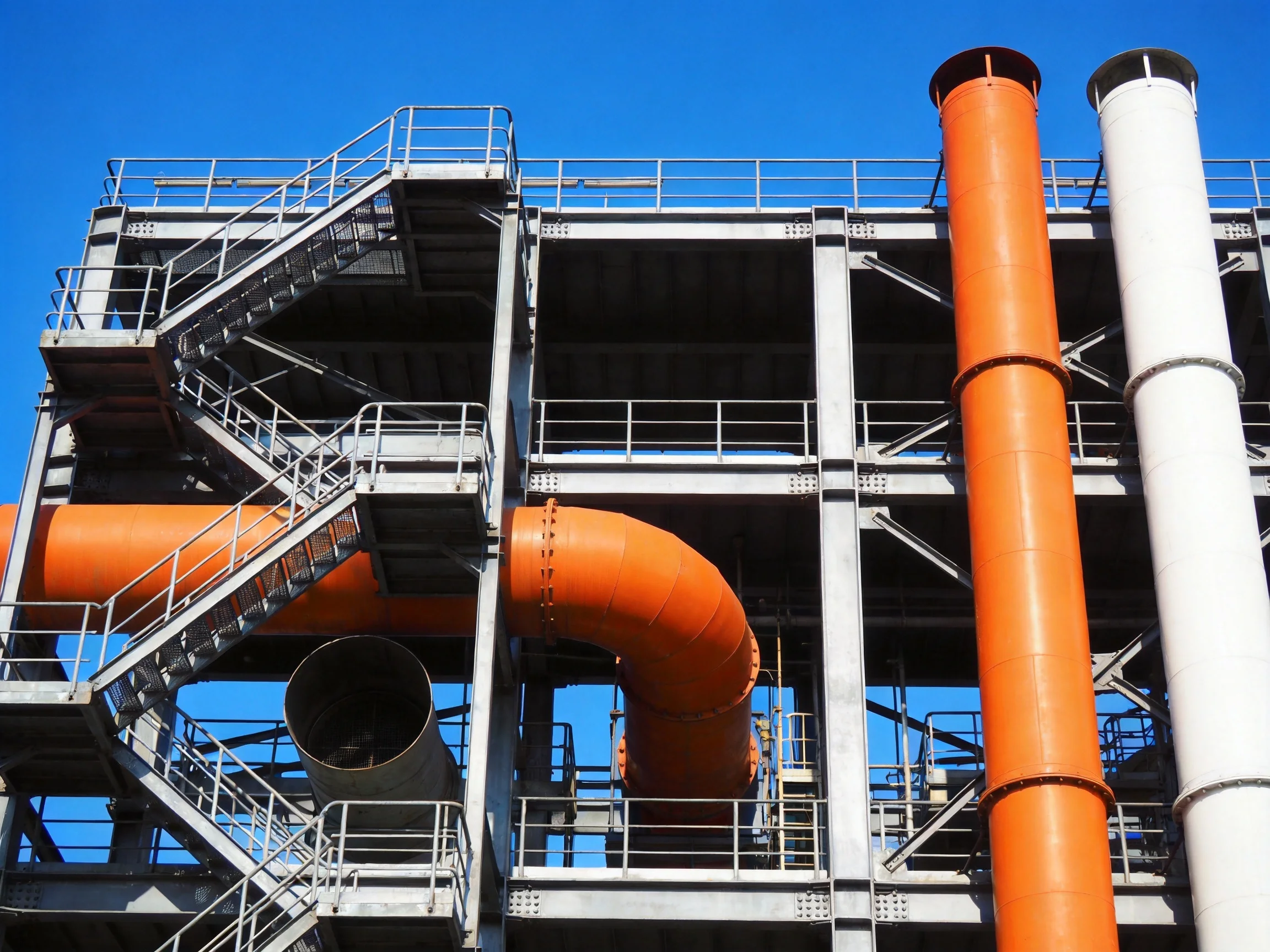 Multi-level industrial structure with bright orange pipes and metal staircases