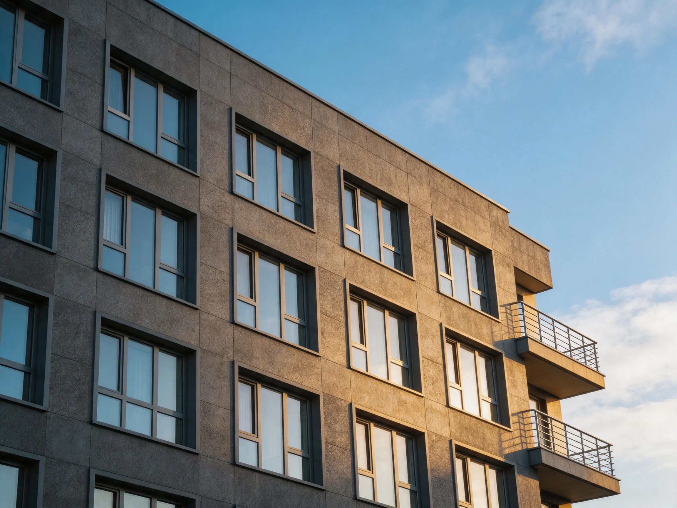 Multi-story gray concrete building with many windows and balconies under clear blue sky