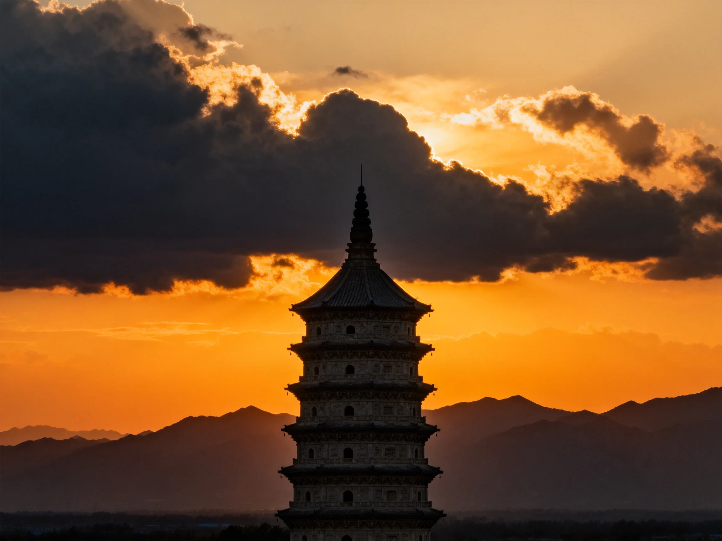 Multi-tiered pagoda silhouetted against vibrant sunset and dark clouds