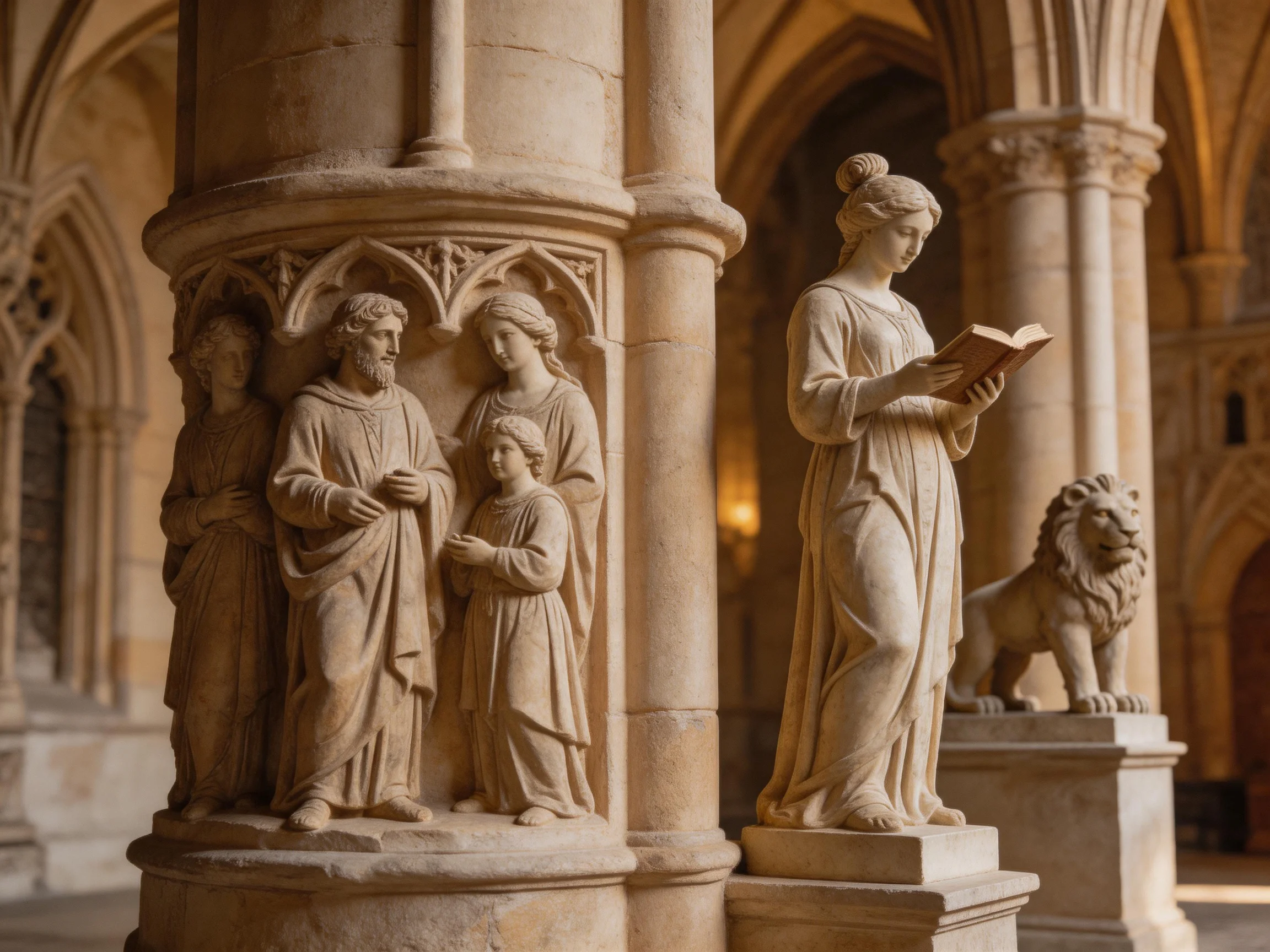 Multiple Ancient Stone Statues in a Historic Gothic Interior