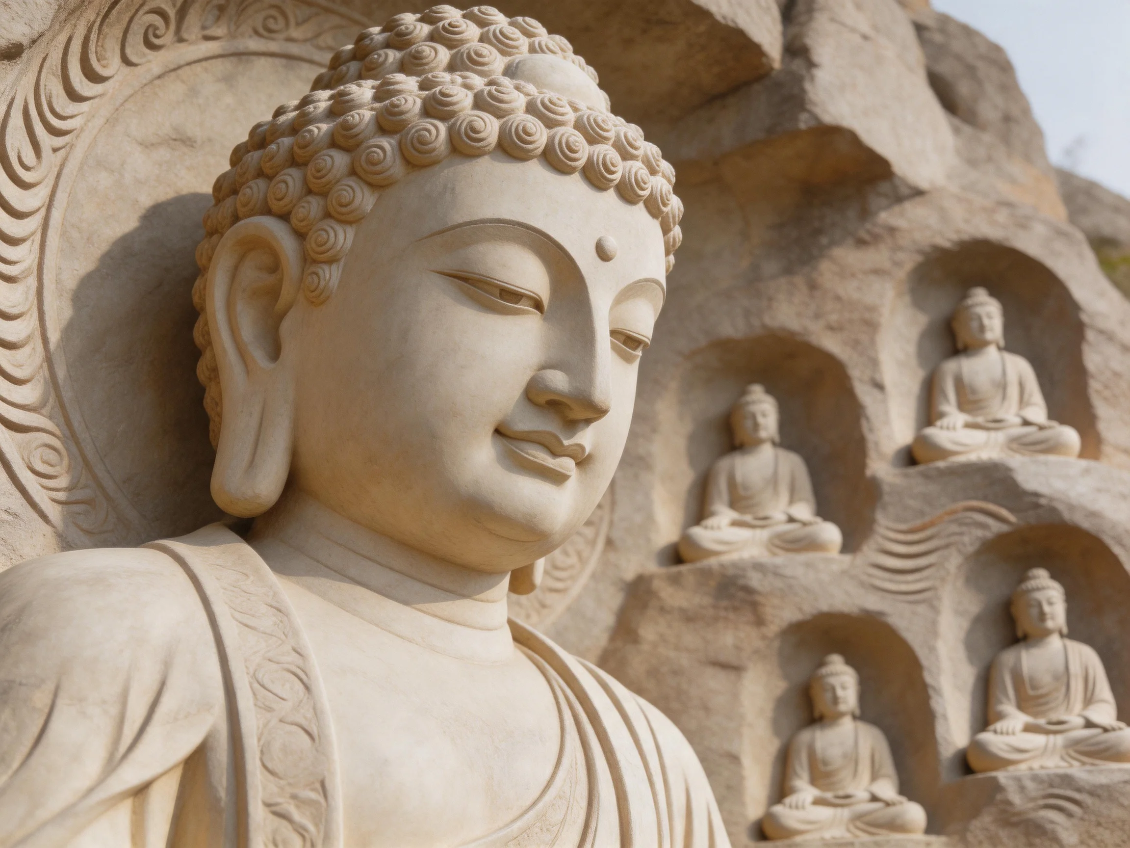 Multiple Buddha statues carved into earth-tone rock with serene details
