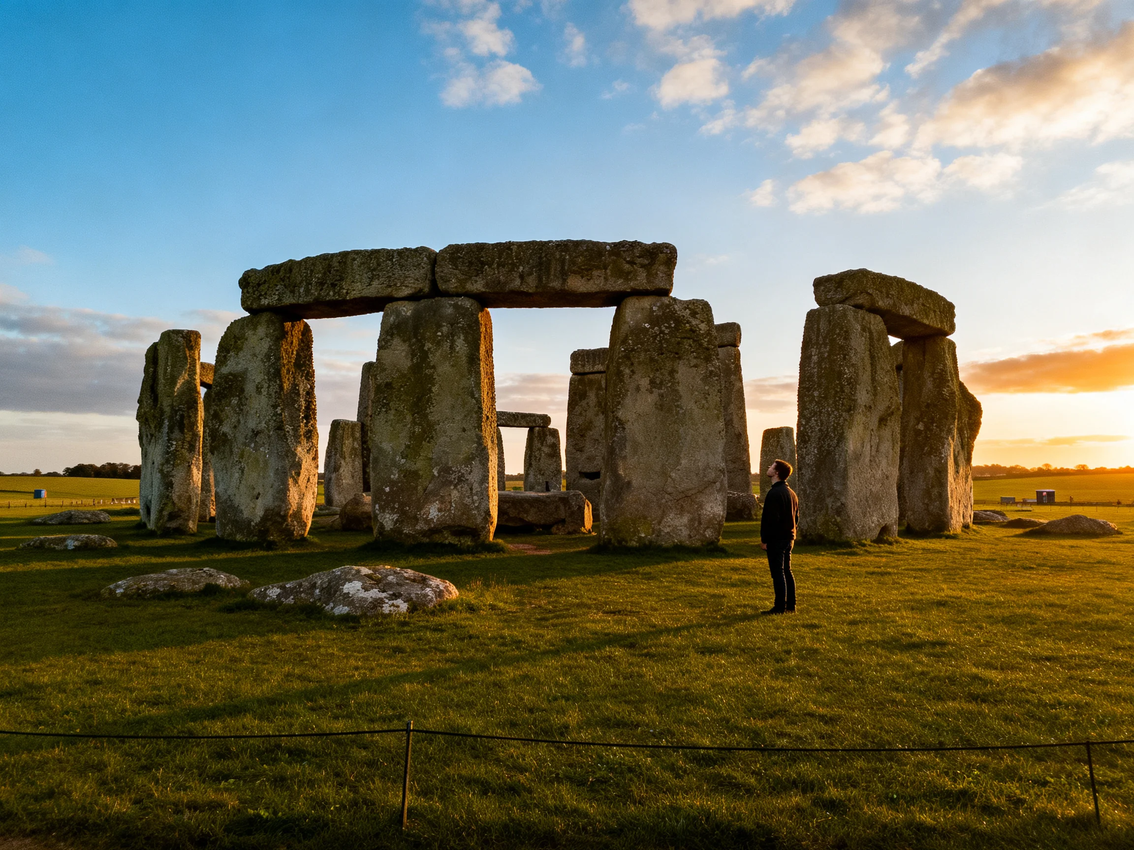 Multiple ancient stones form a monument at sunset with a visitor and green field