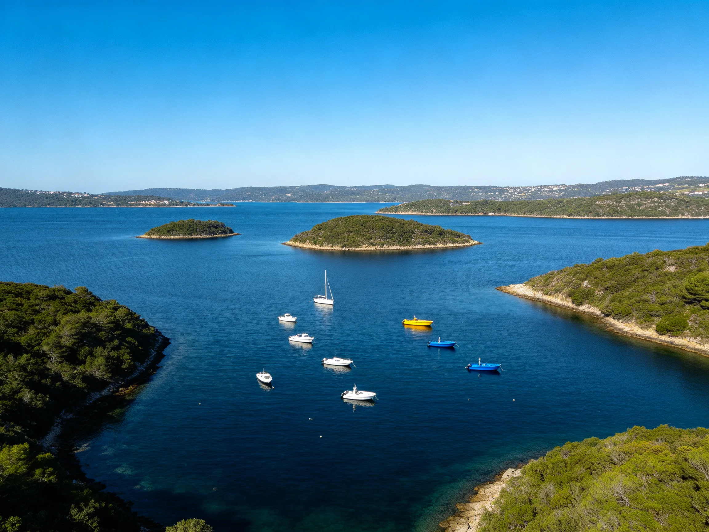 Multiple boats float near green islands in tranquil blue waters.