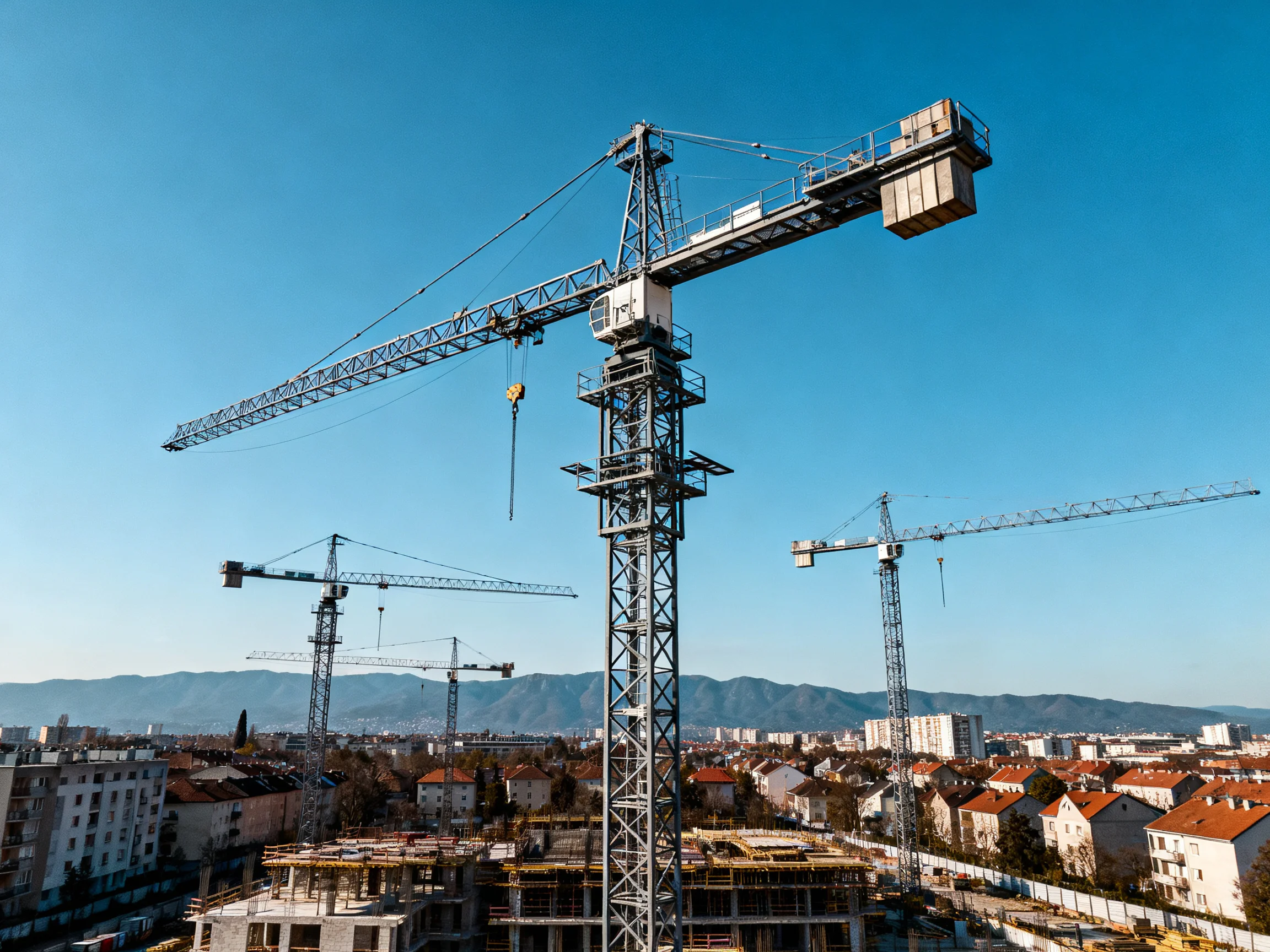 Multiple cranes tower over a construction site with residential buildings and mountains
