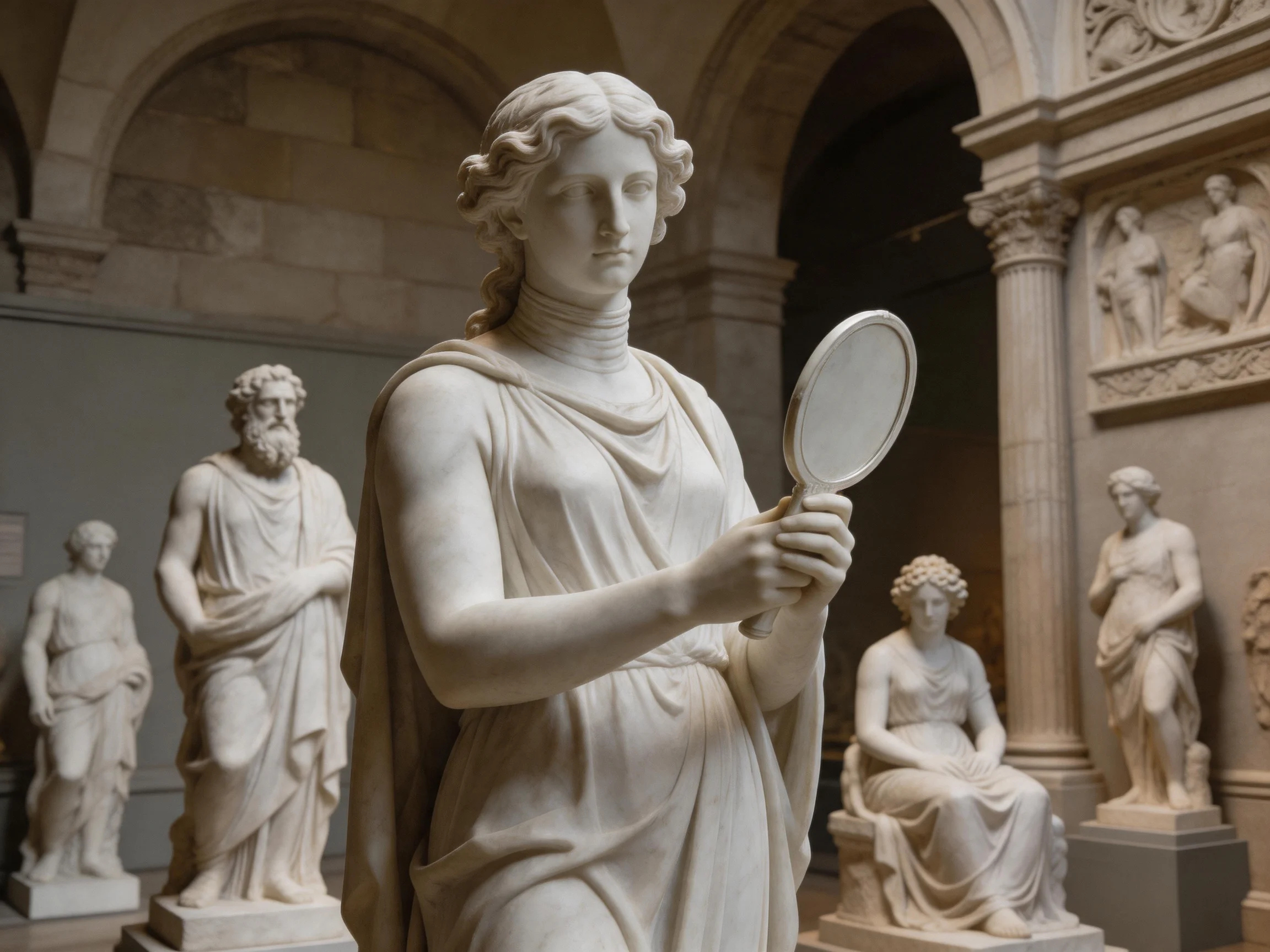 Multiple marble statues showcased in an ornate museum gallery