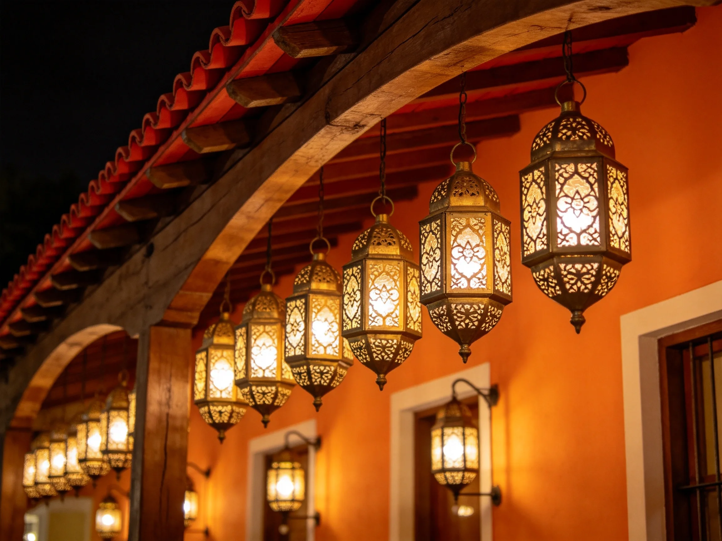 Multiple ornate lanterns hang from wooden arches over an orange building
