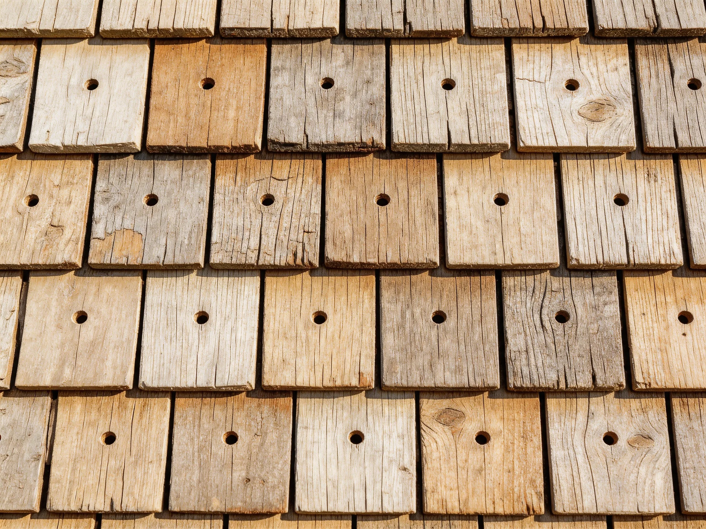 Multiple rows of weathered wooden shingles with circular holes, varied brown hues