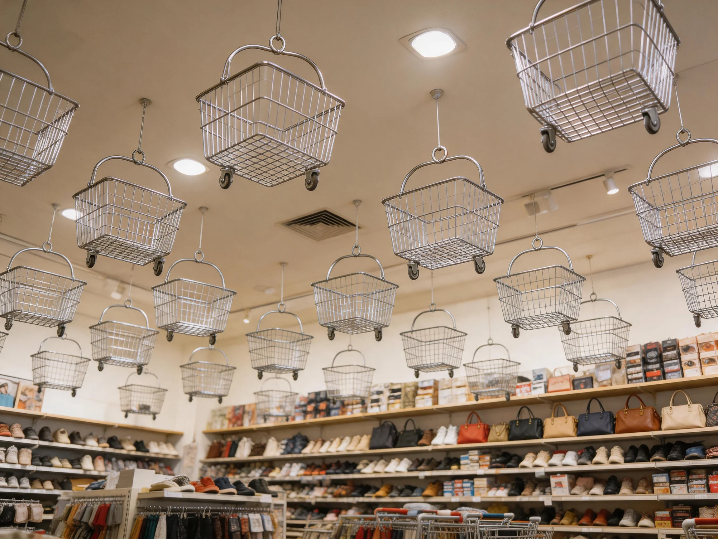 Multiple silver shopping baskets hang from ceiling in a shoe and bag store