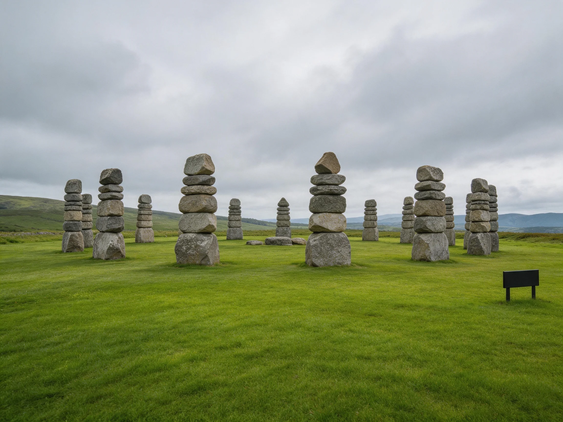 Multiple stone stacks arranged in a grassy field under overcast skies