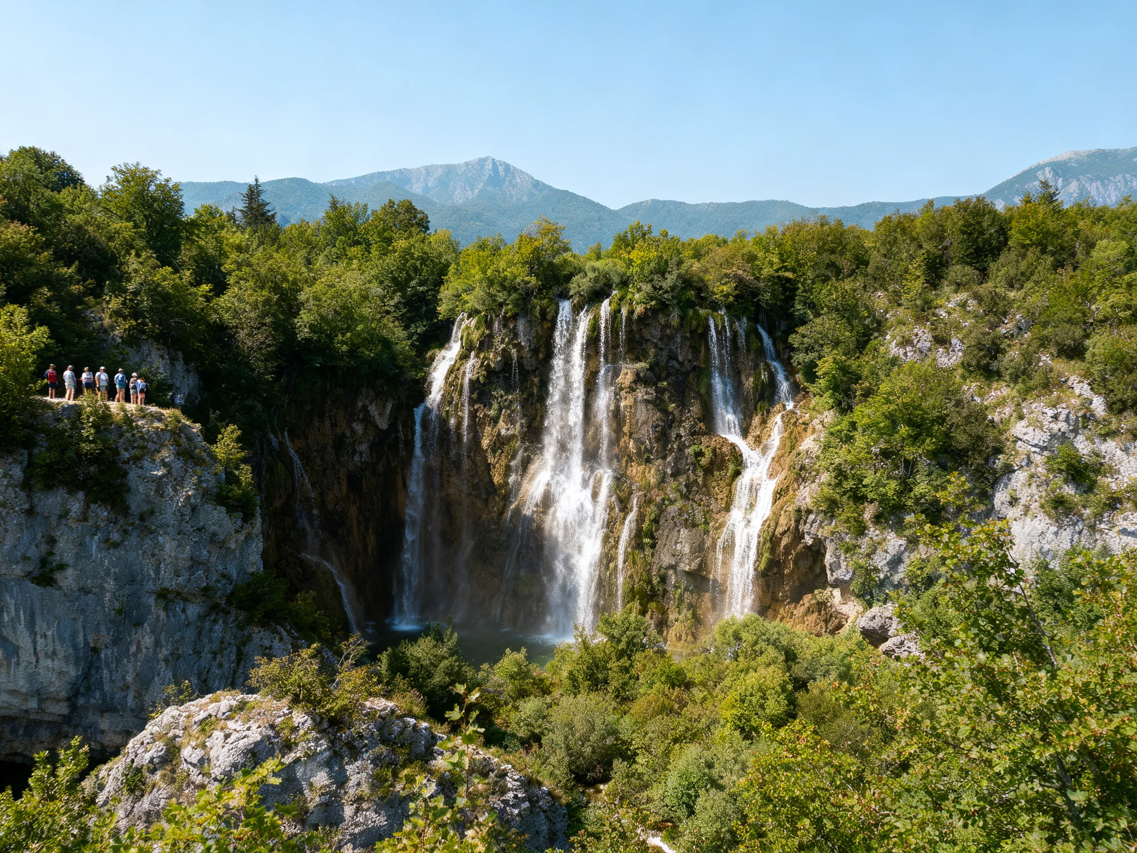 Multiple waterfalls cascade over rocky cliffs amid lush green forests