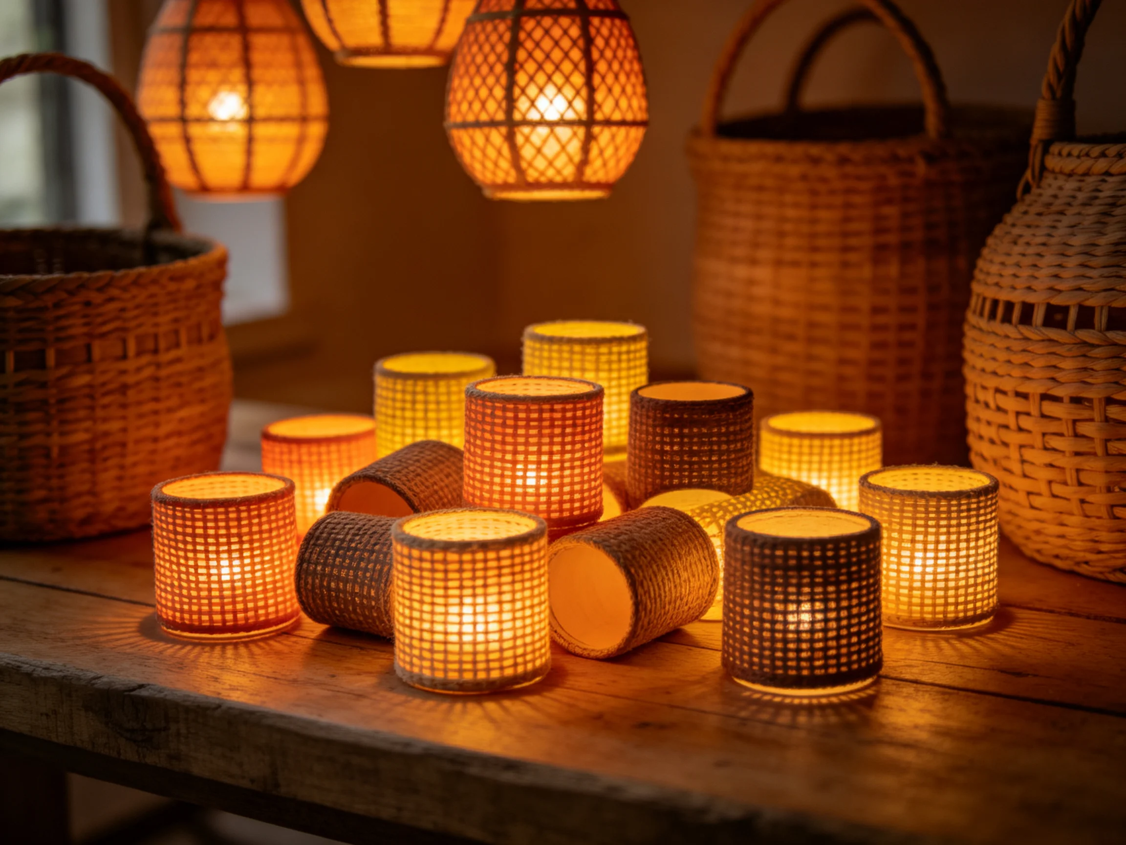 Multiple woven lanterns and baskets lit by warm candlelight