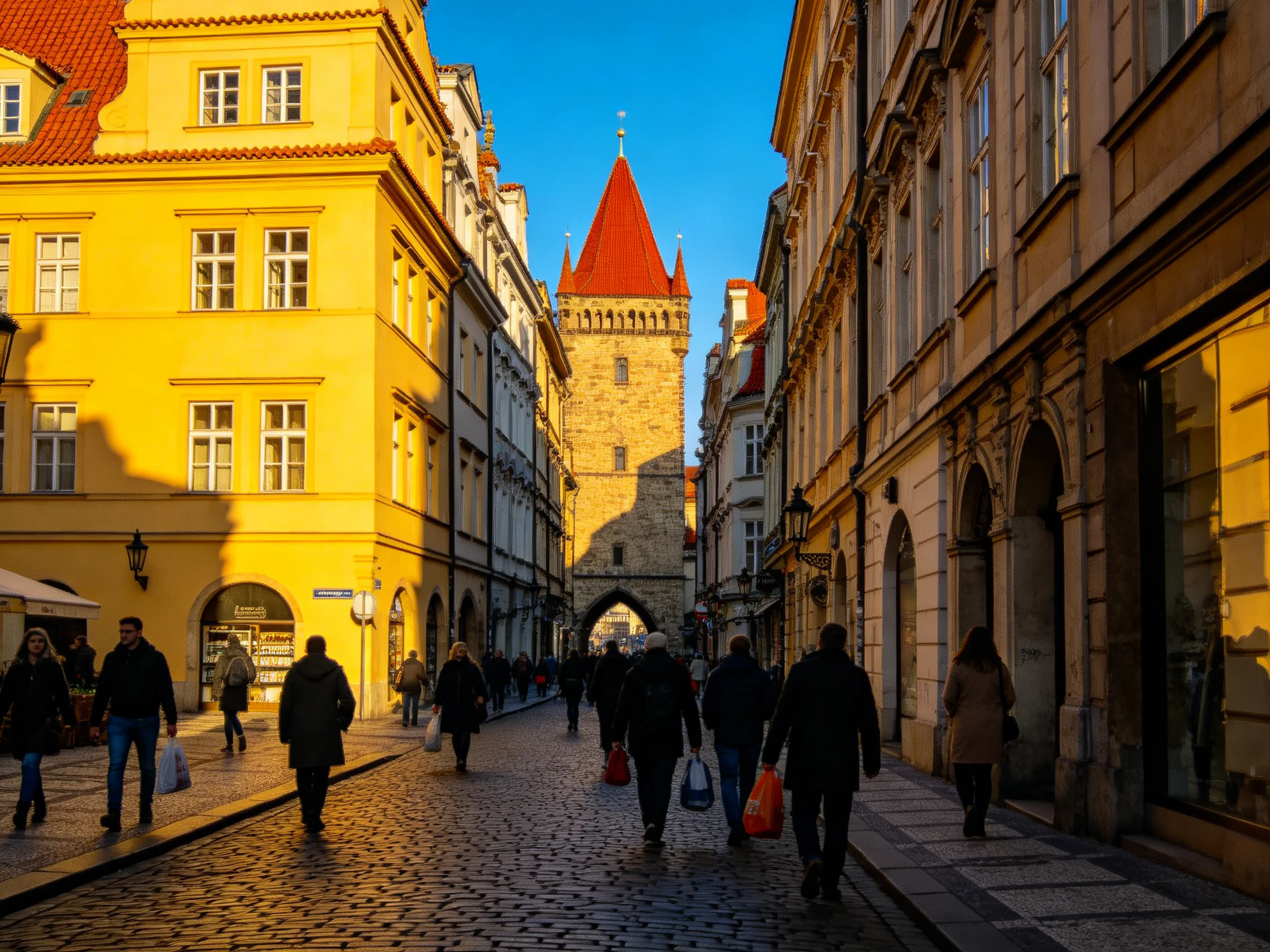 Narrow Cobblestone Street Between Historic Yellow and Stone Buildings, Red-Roofed Tower