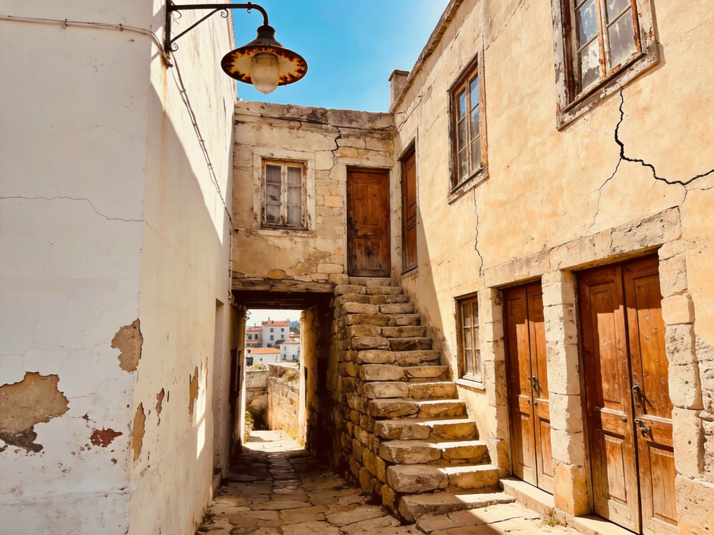 Narrow alleyway with aged stone stairs and weathered buildings