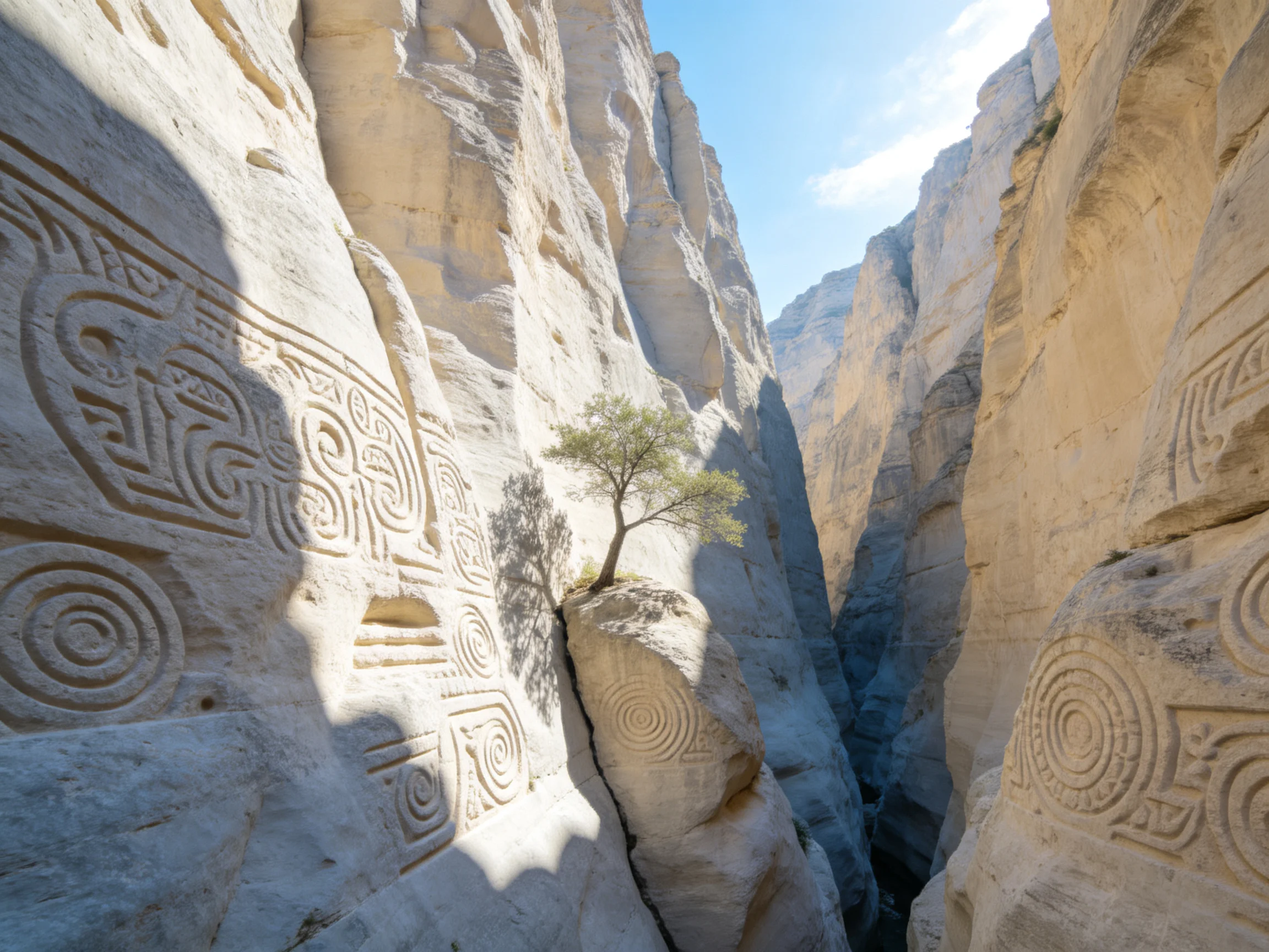 Narrow canyon with ancient petroglyph-adorned stone cliffs and a central tree