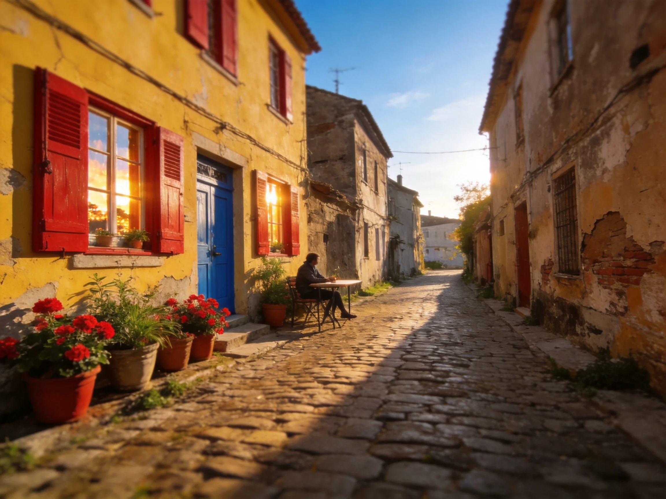 Narrow cobblestone street flanked by vibrant and aged buildings