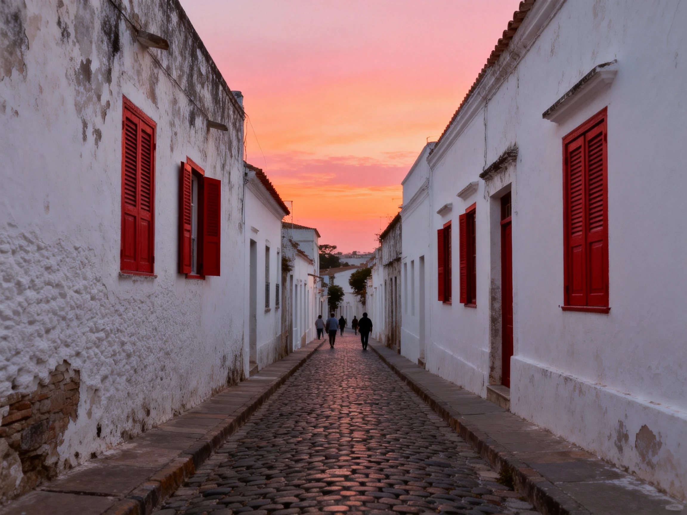 Narrow cobblestone street flanked by white buildings with red shutters under pink-orange sunset