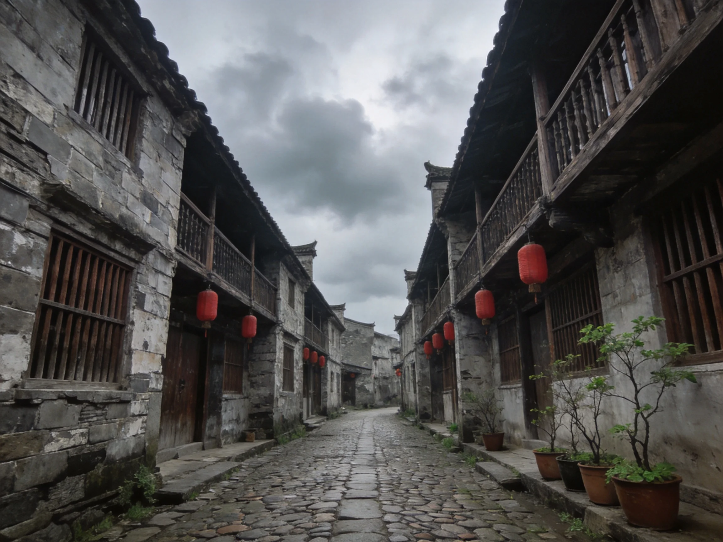 Narrow cobblestone street lined with aged stone buildings and red lanterns