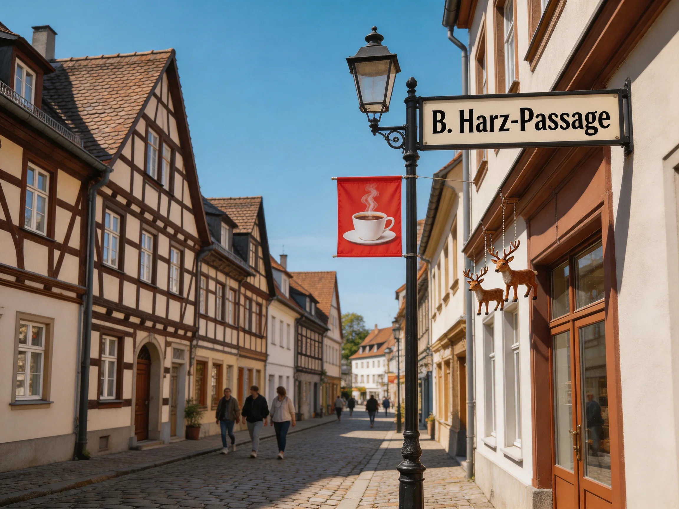 Narrow cobblestone street with timber-framed historic buildings