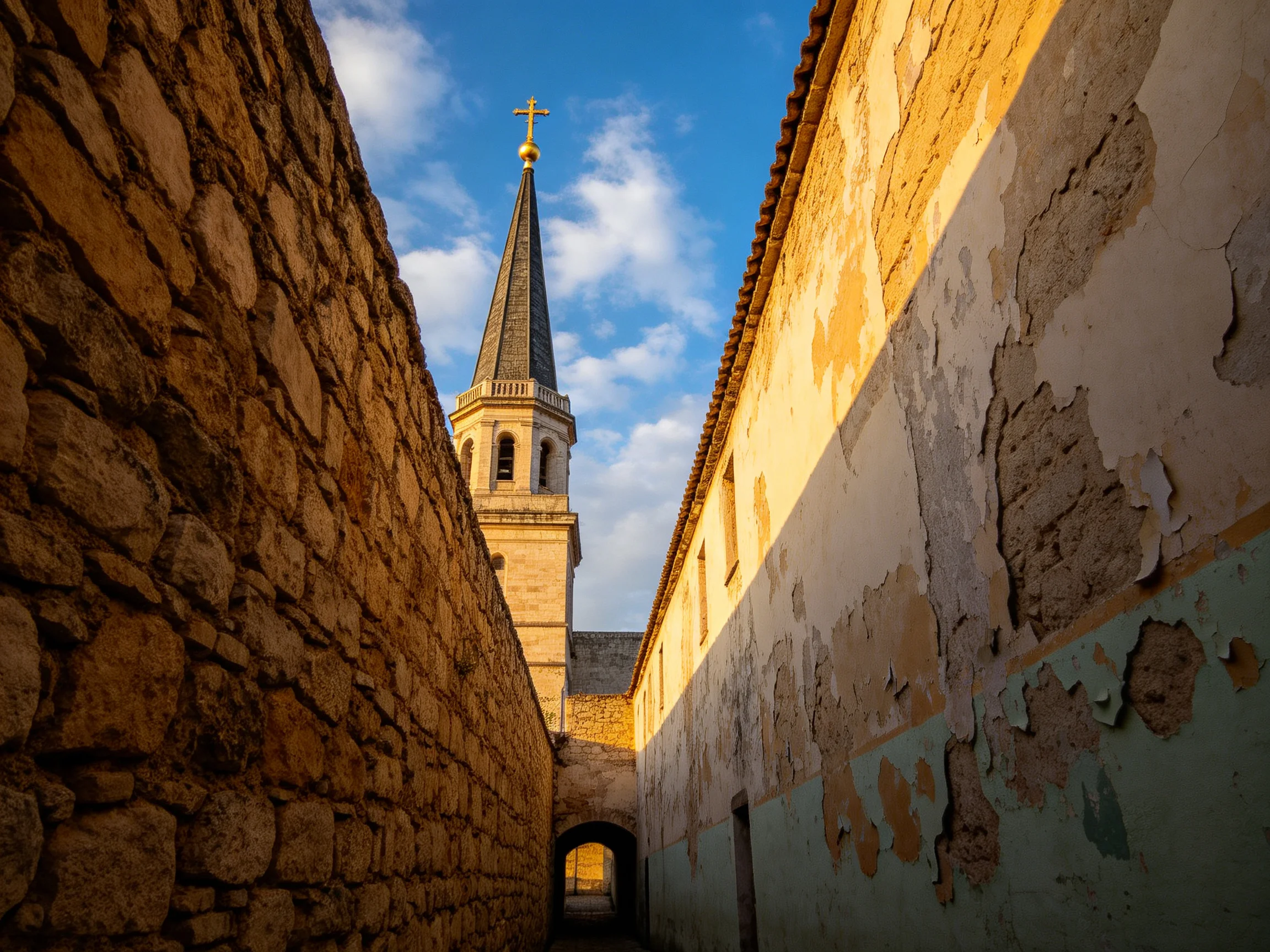 Narrow stone alley leads to a tall church tower with golden cross