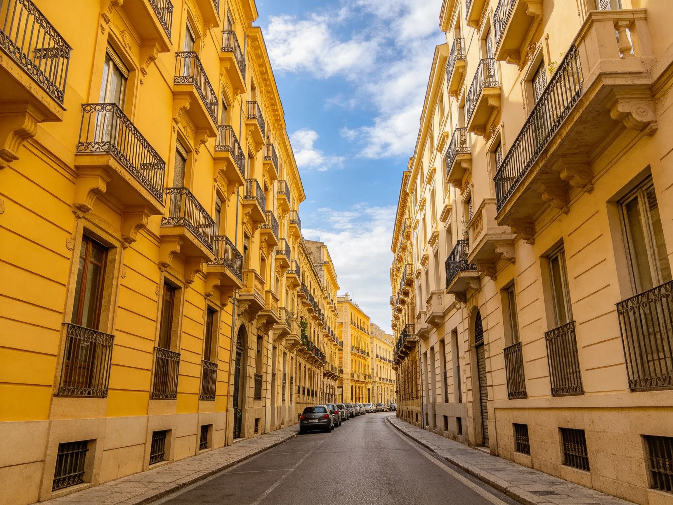 Narrow street flanked by vibrant yellow and cream historic buildings