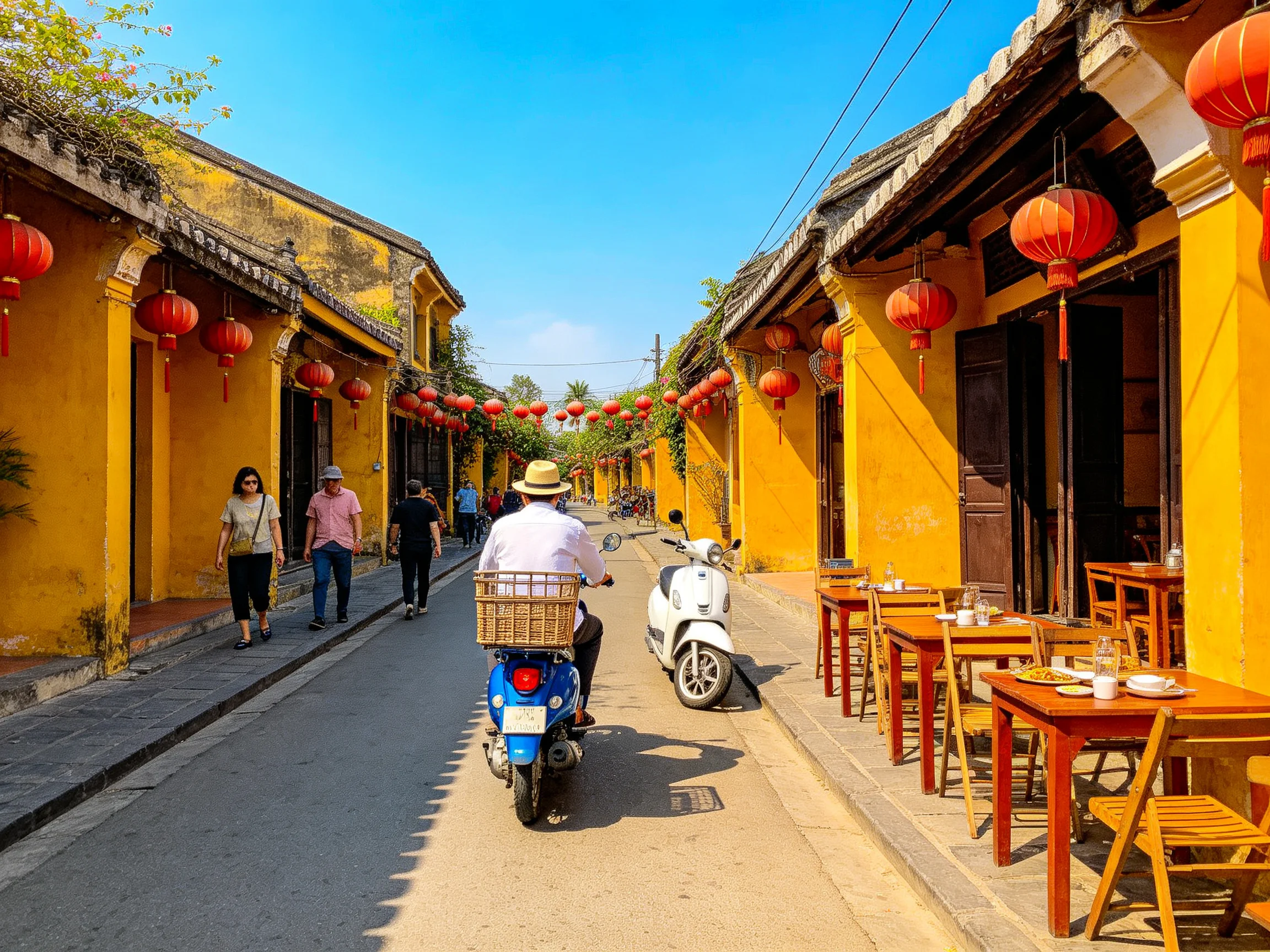 Narrow street with yellow historic buildings and red lanterns