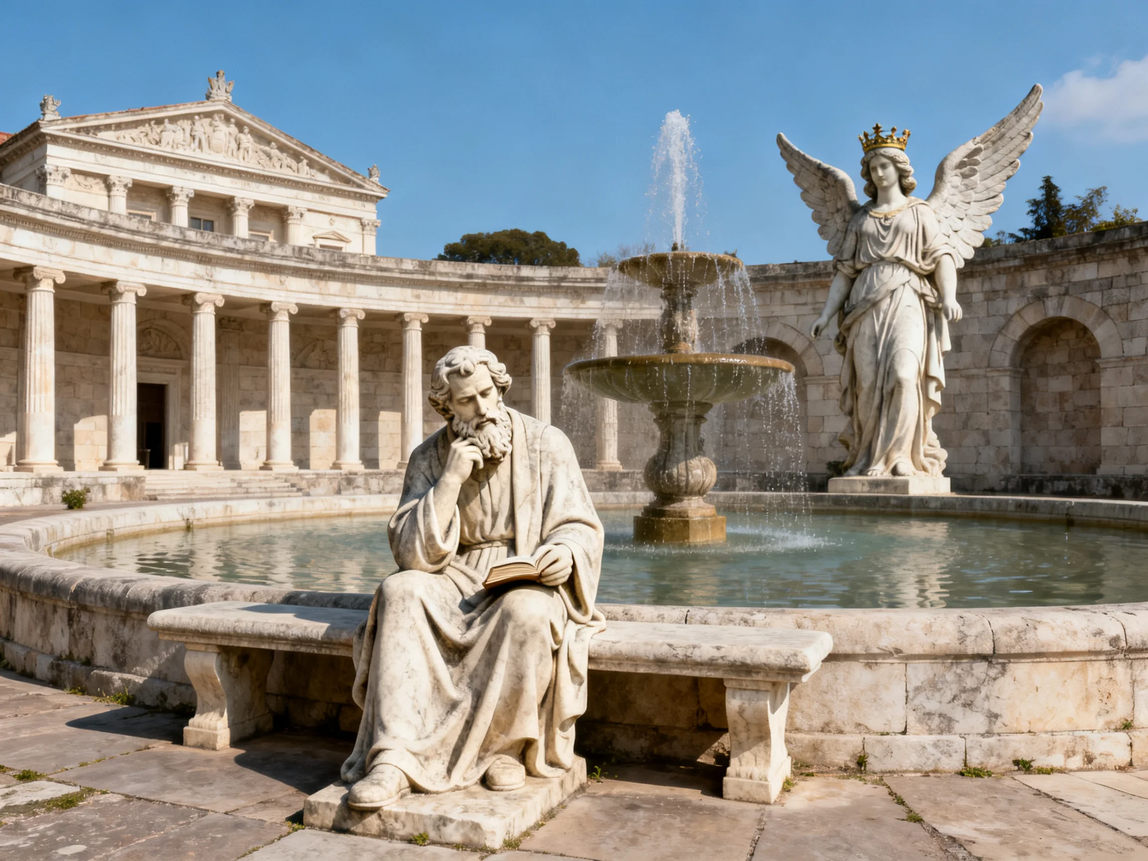 Neoclassical building, fountain, and stone statues in a sunny courtyard