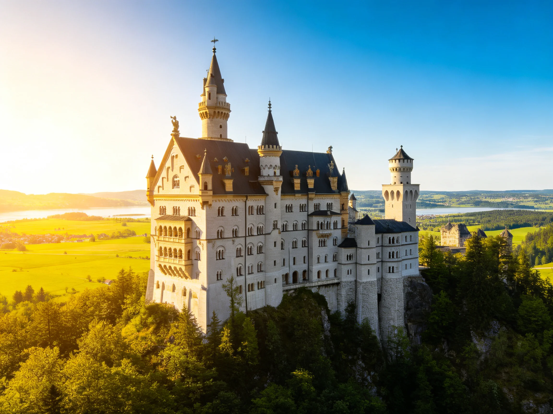Neuschwanstein Castle: Grand white castle on forested hilltop