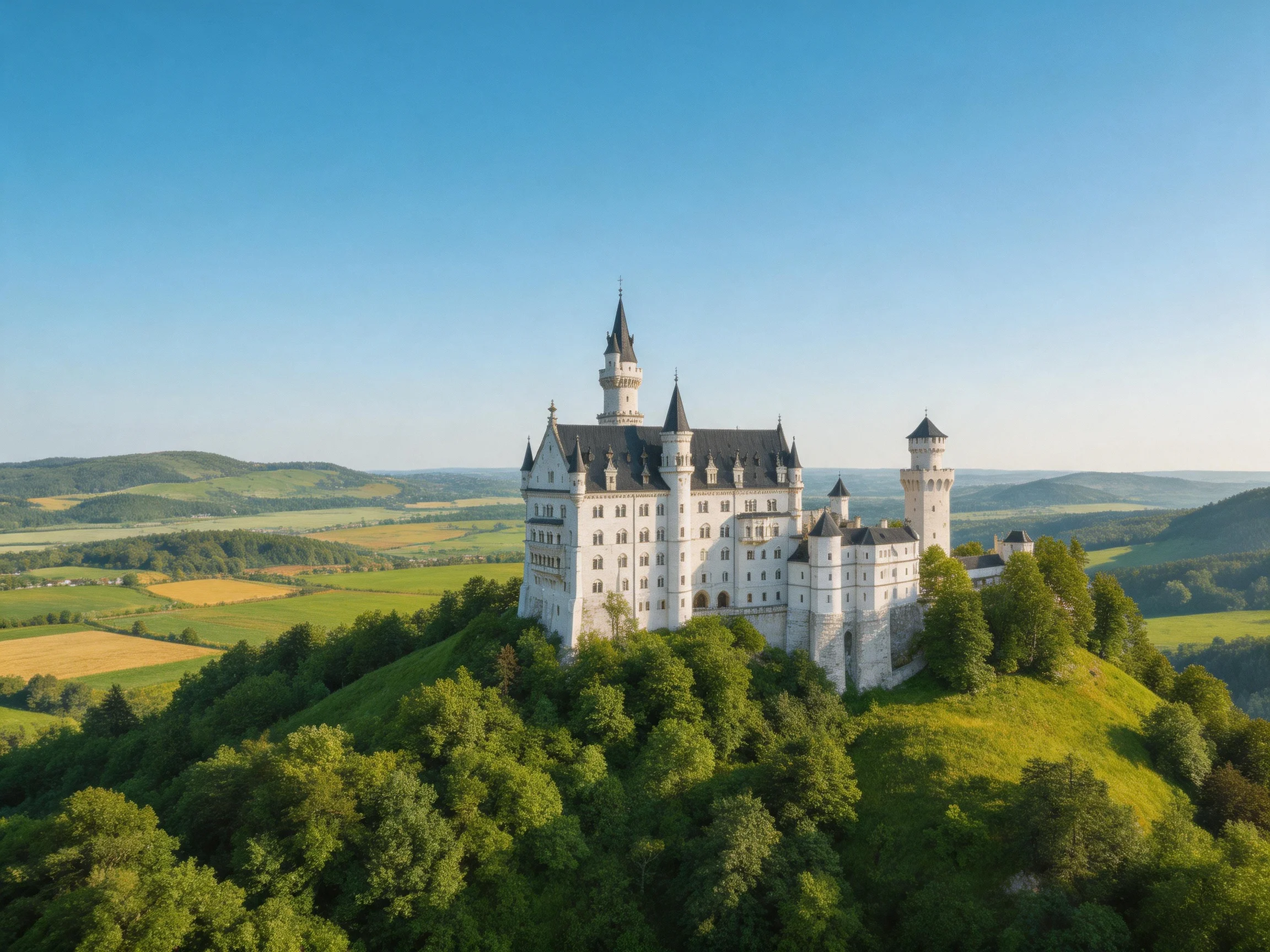 Neuschwanstein Castle, a magnificent white fortress, sits atop a lush green hill